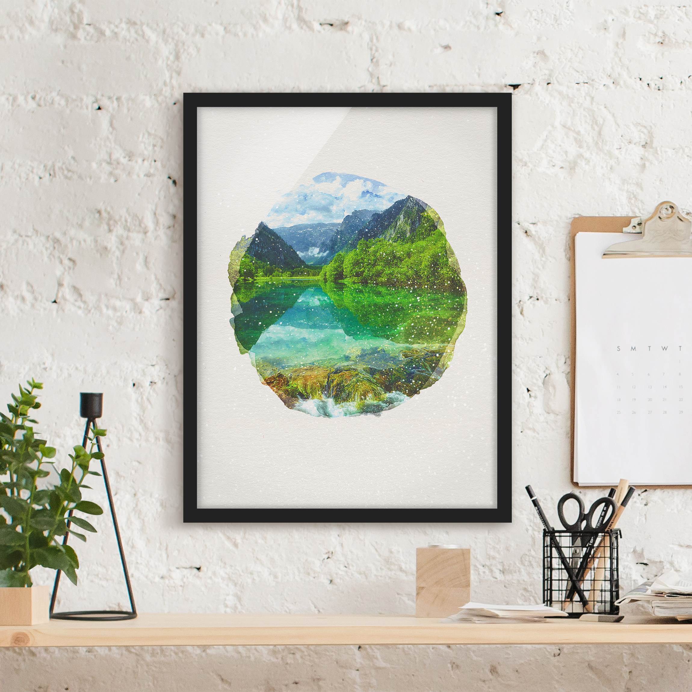 Bild mit Rahmen - Hochformat Wasserfarben - Bergsee mit Spiegelung