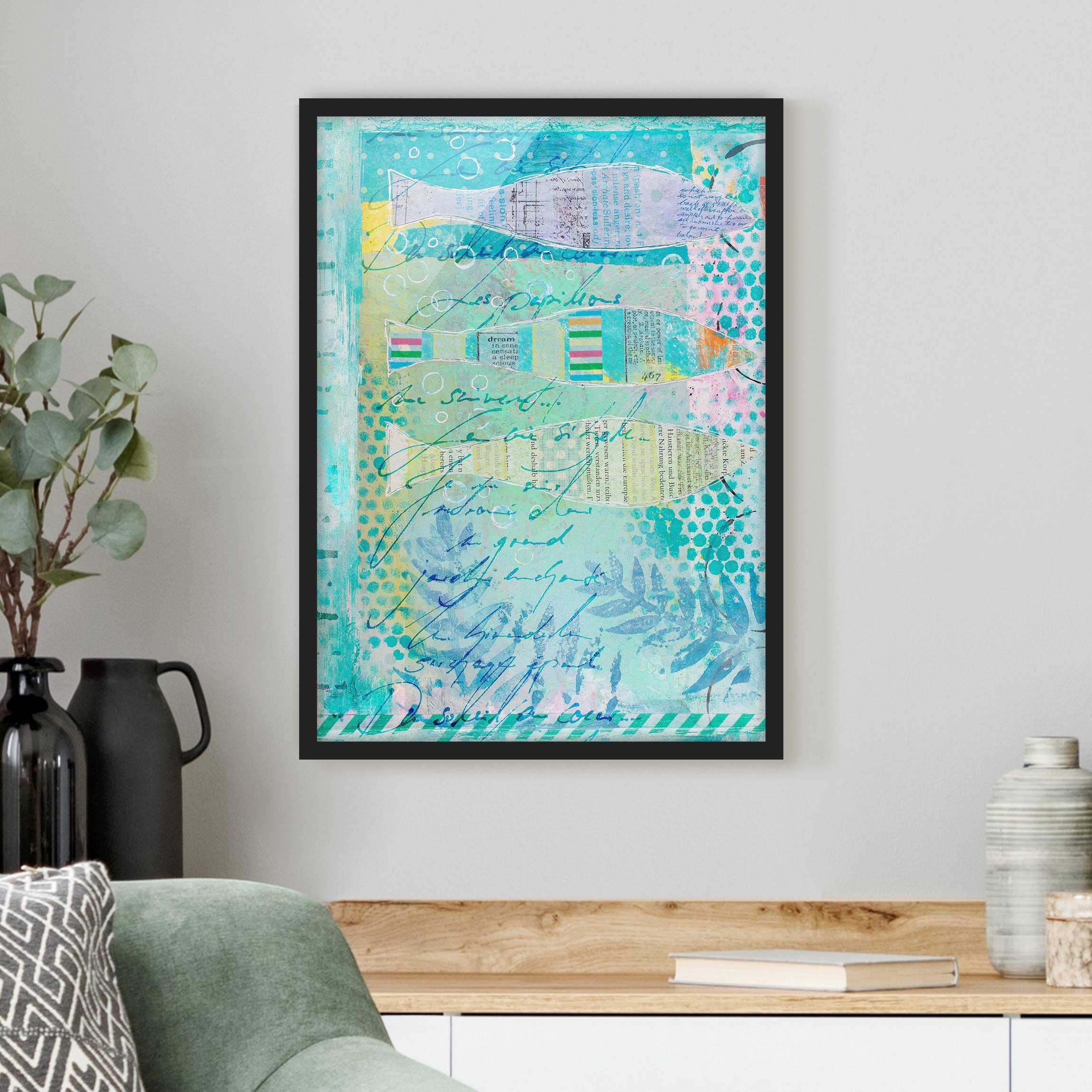 Bild mit Rahmen - Hochformat Bunte Collage - Fische und Punkte