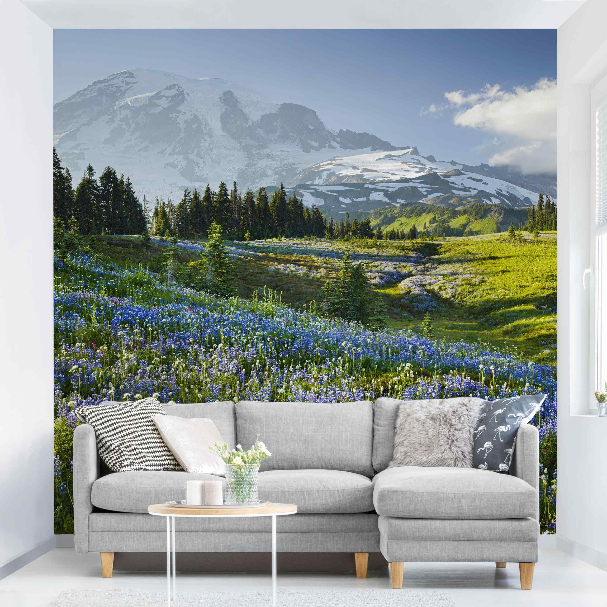 Fototapete Blumen Bergwiese mit blauen Blumen vor Mt. Rainier