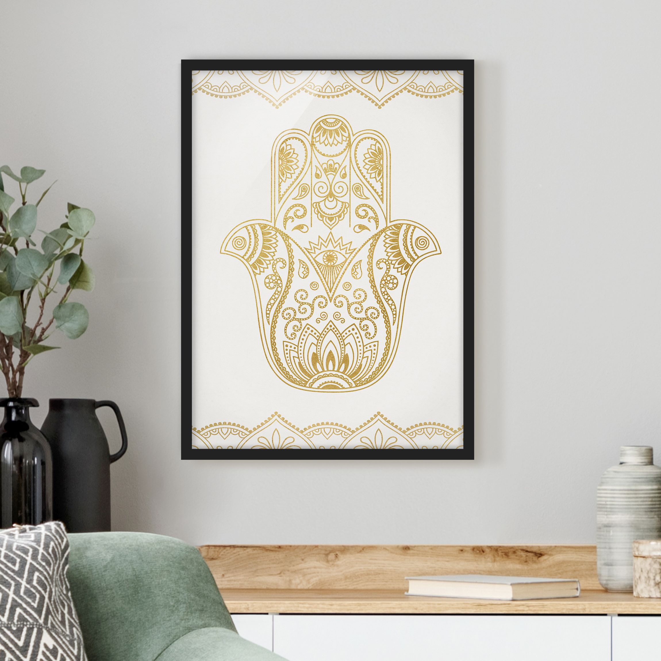Bild mit Rahmen - Hochformat Hamsa Hand Illustration weiß gold
