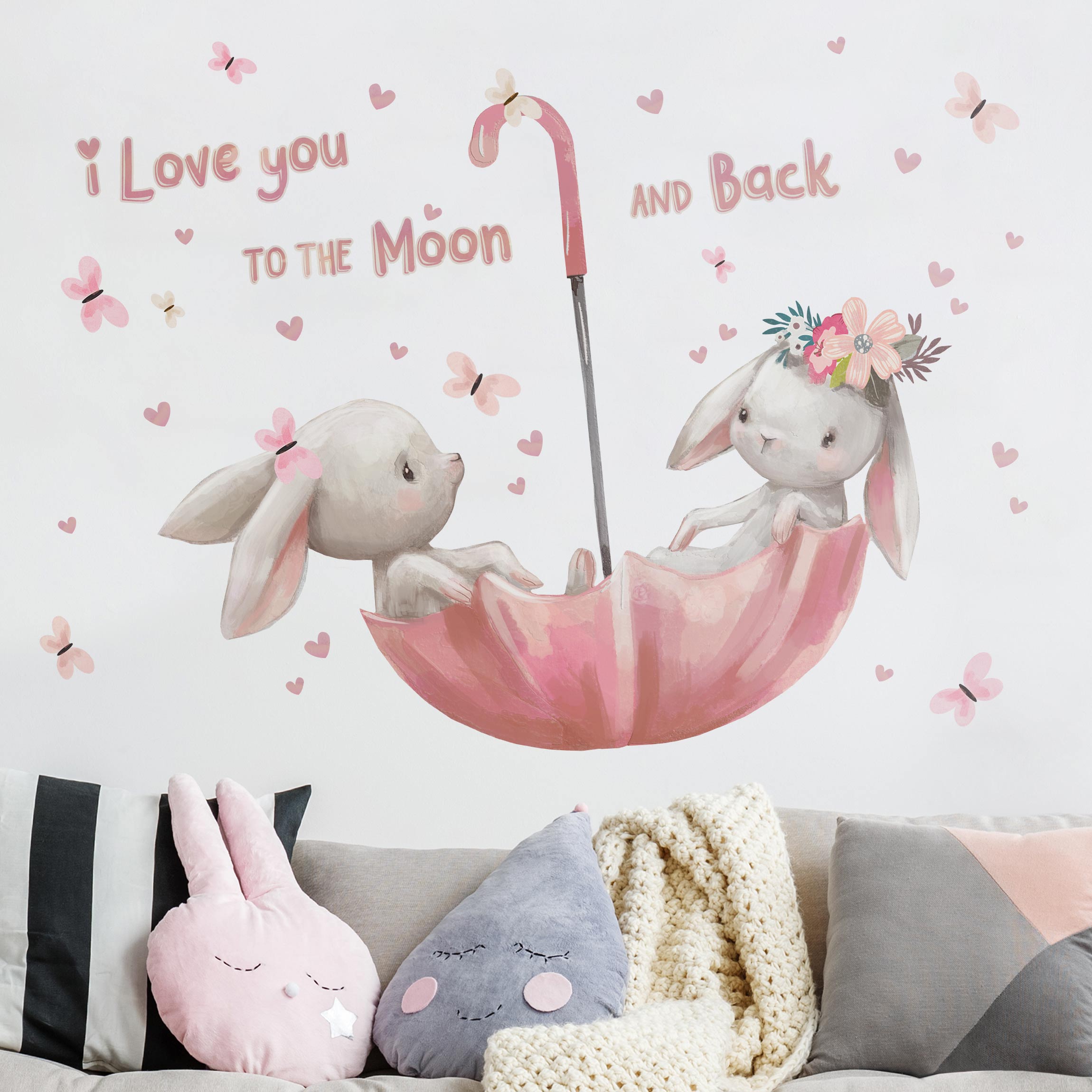 Wandtattoo Bis zum Mond Hasen im Regenschirm