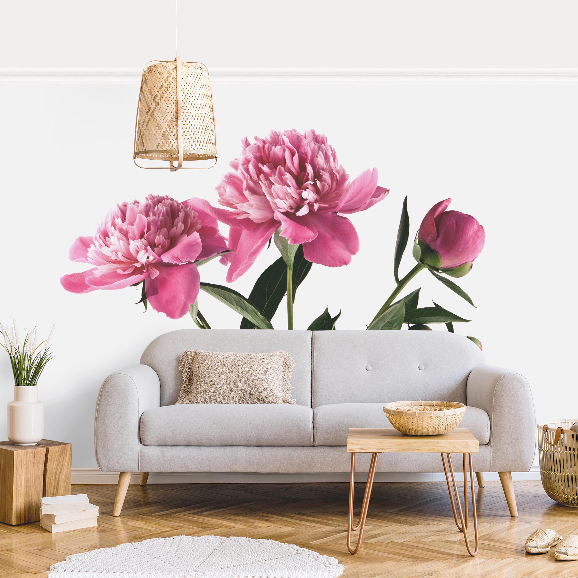Fototapete Blüten und Knospen Pink auf Weiß