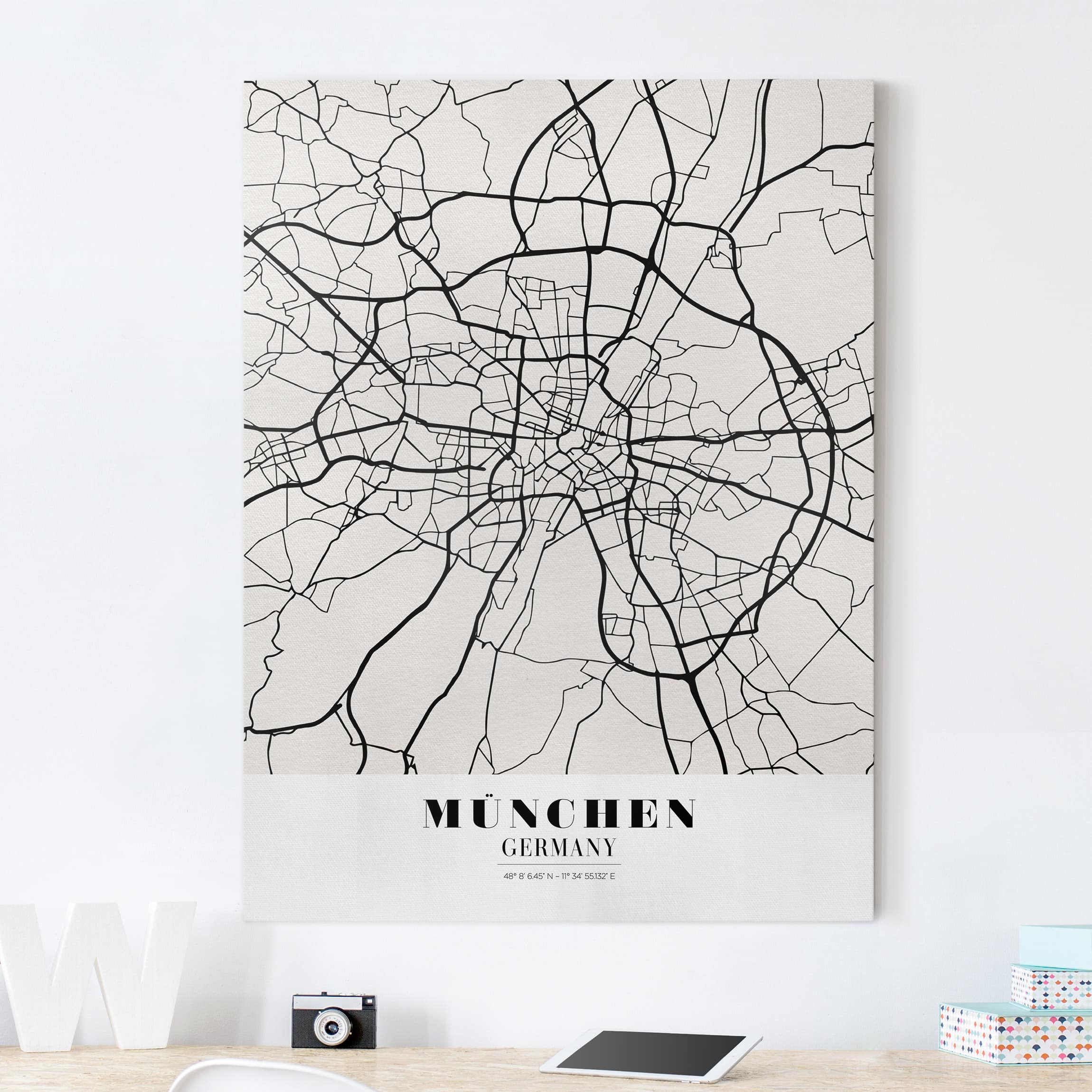 Leinwandbild - Hochformat Stadtplan München - Klassik