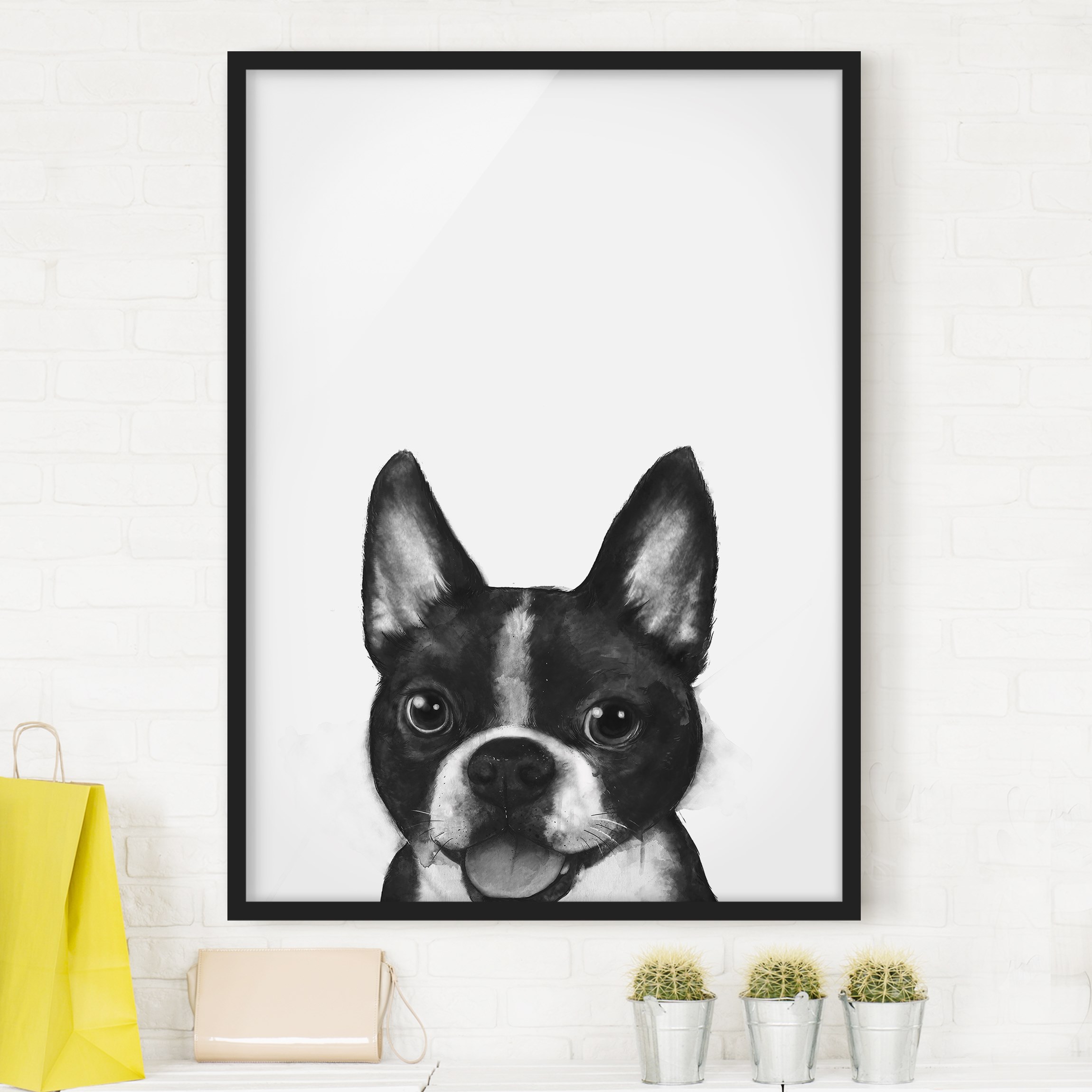 Gerahmtes Bild Illustration Hund Boston Schwarz Weiß Malerei