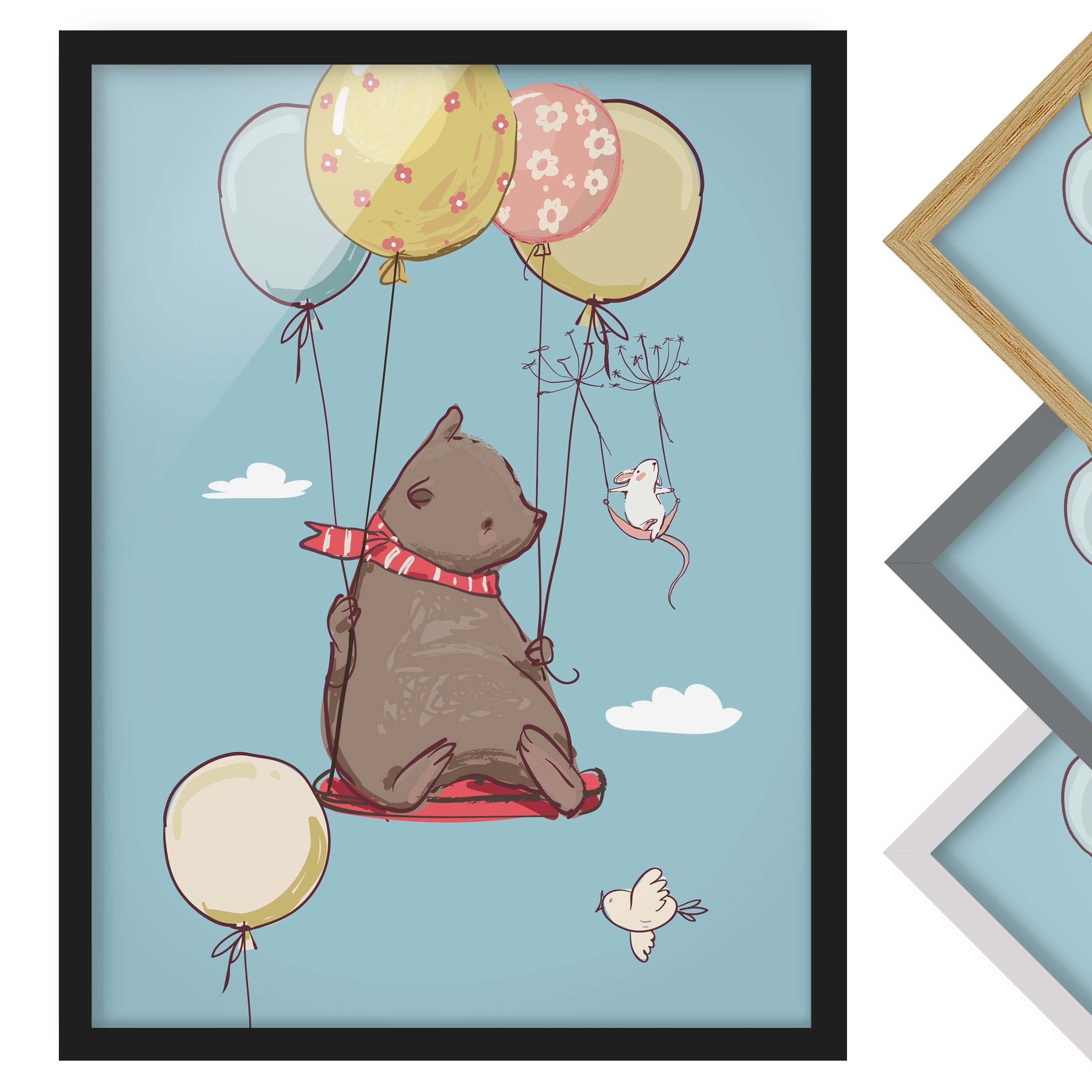 Kinderzimmer Bild mit Rahmen Bär und Maus fliegen