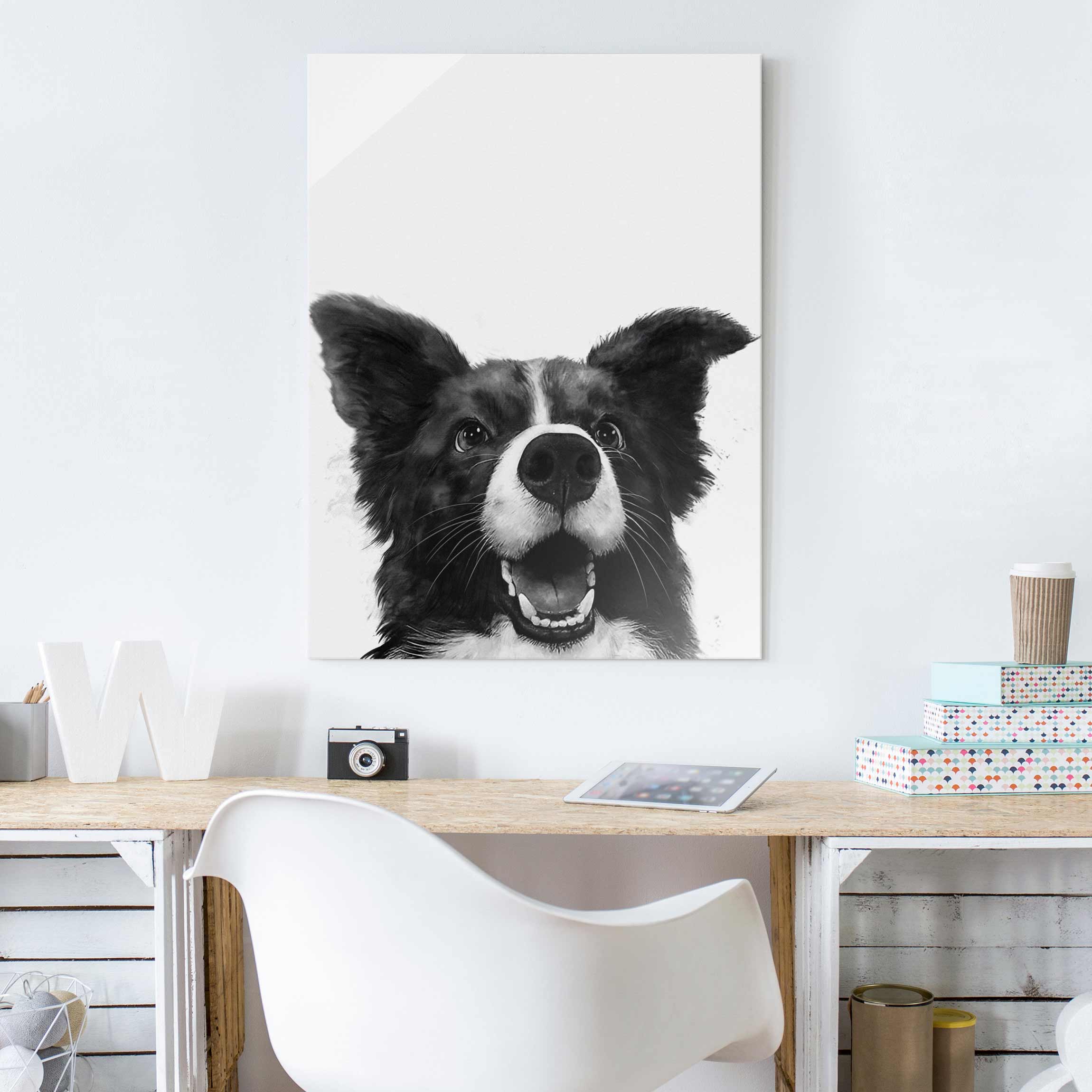 Glasbild - Hochformat Illustration Hund Border Collie Schwarz Weiß Malerei