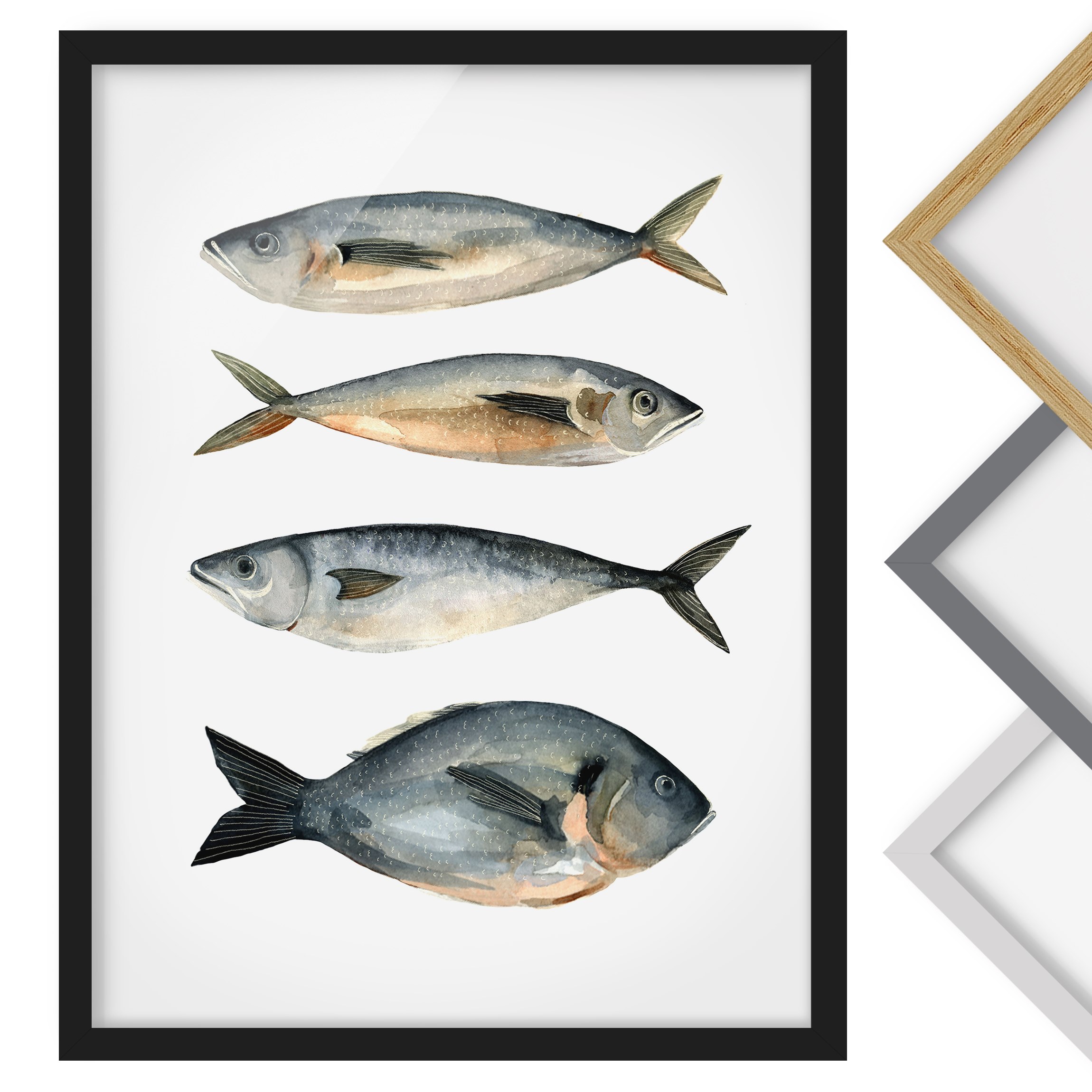 Bild mit Rahmen - Hochformat Vier Fische in Aquarell I