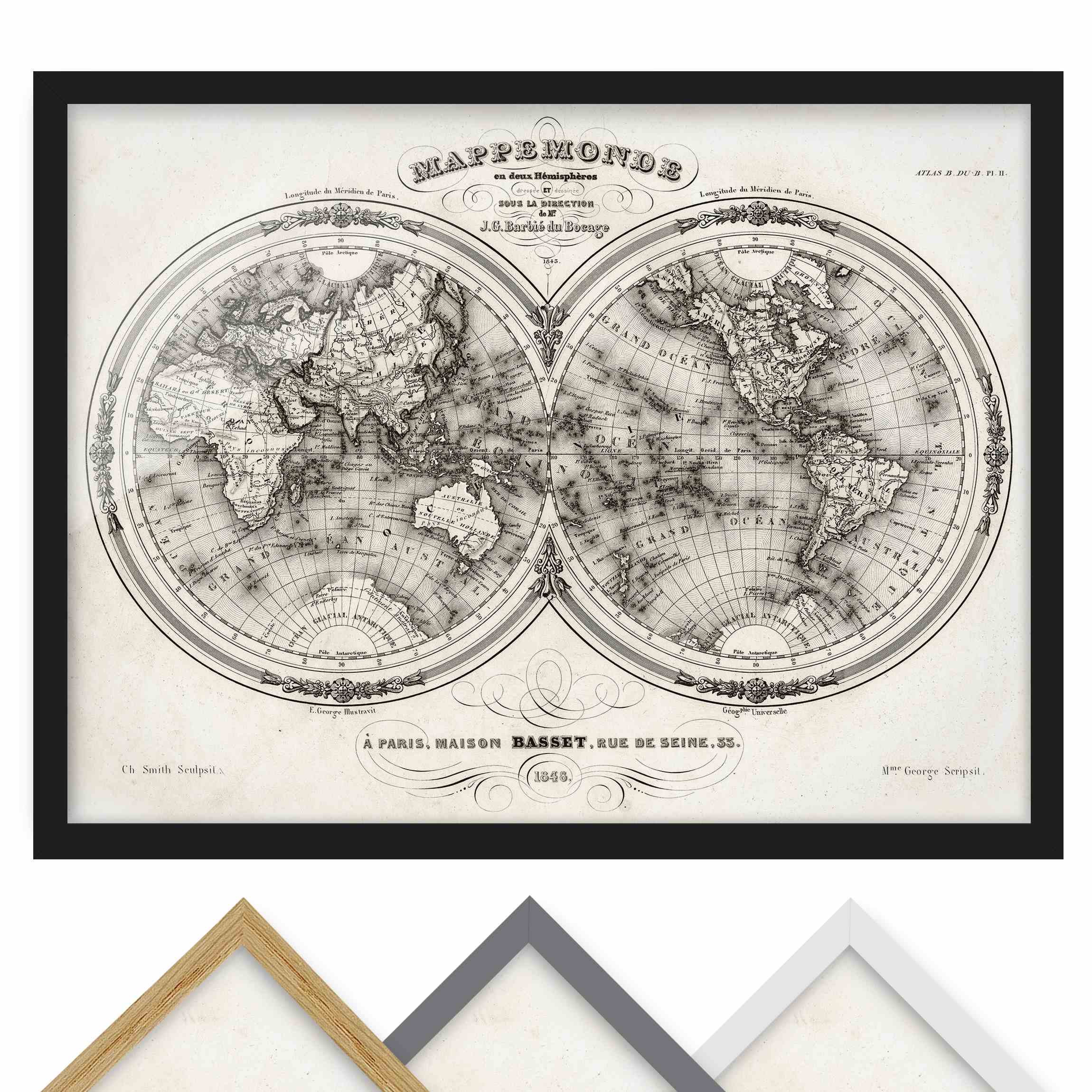 Bild mit Rahmen - Querformat Weltkarte - Französische Karte der Hemissphären von 1848