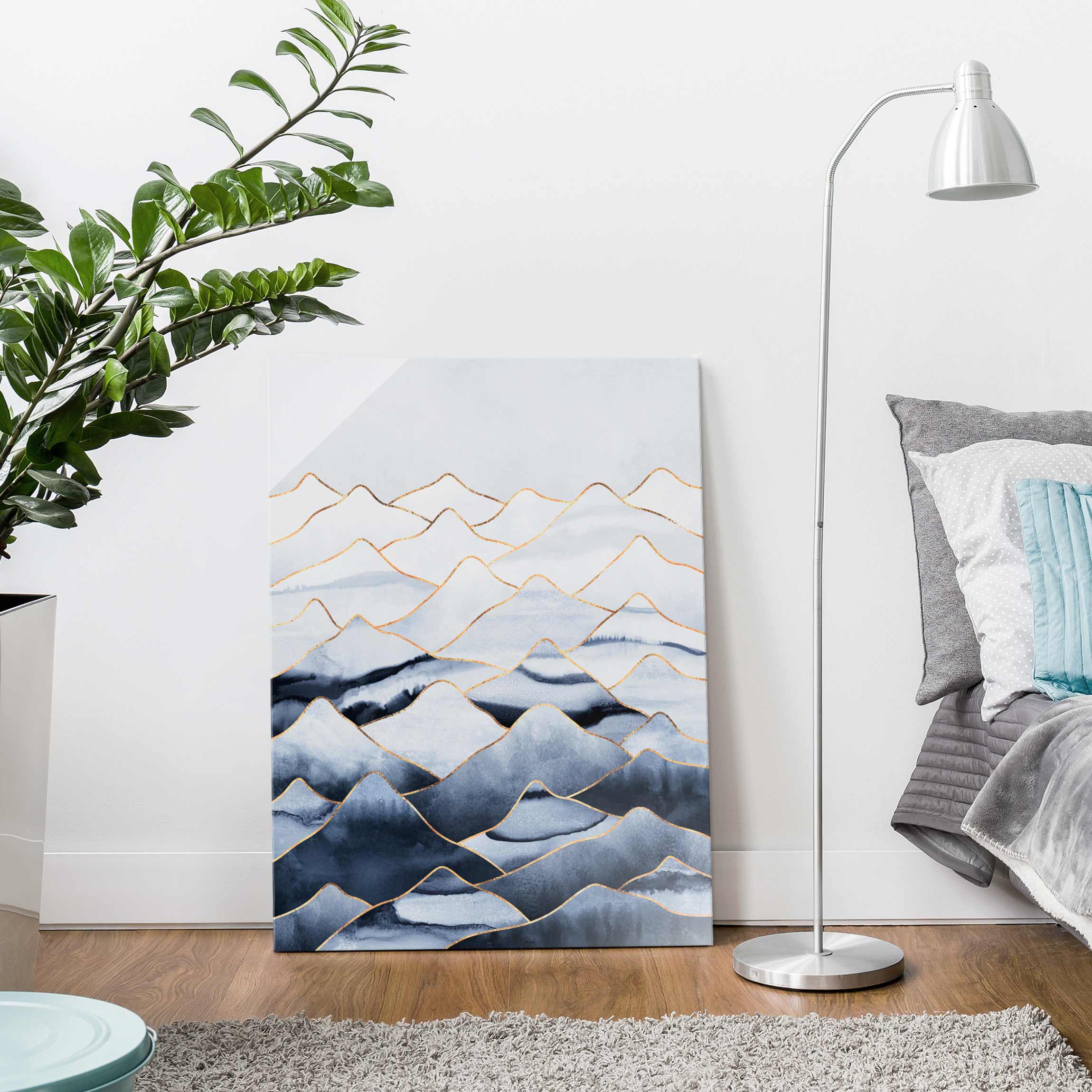 Glasbild Aquarell Berge Weiß Gold