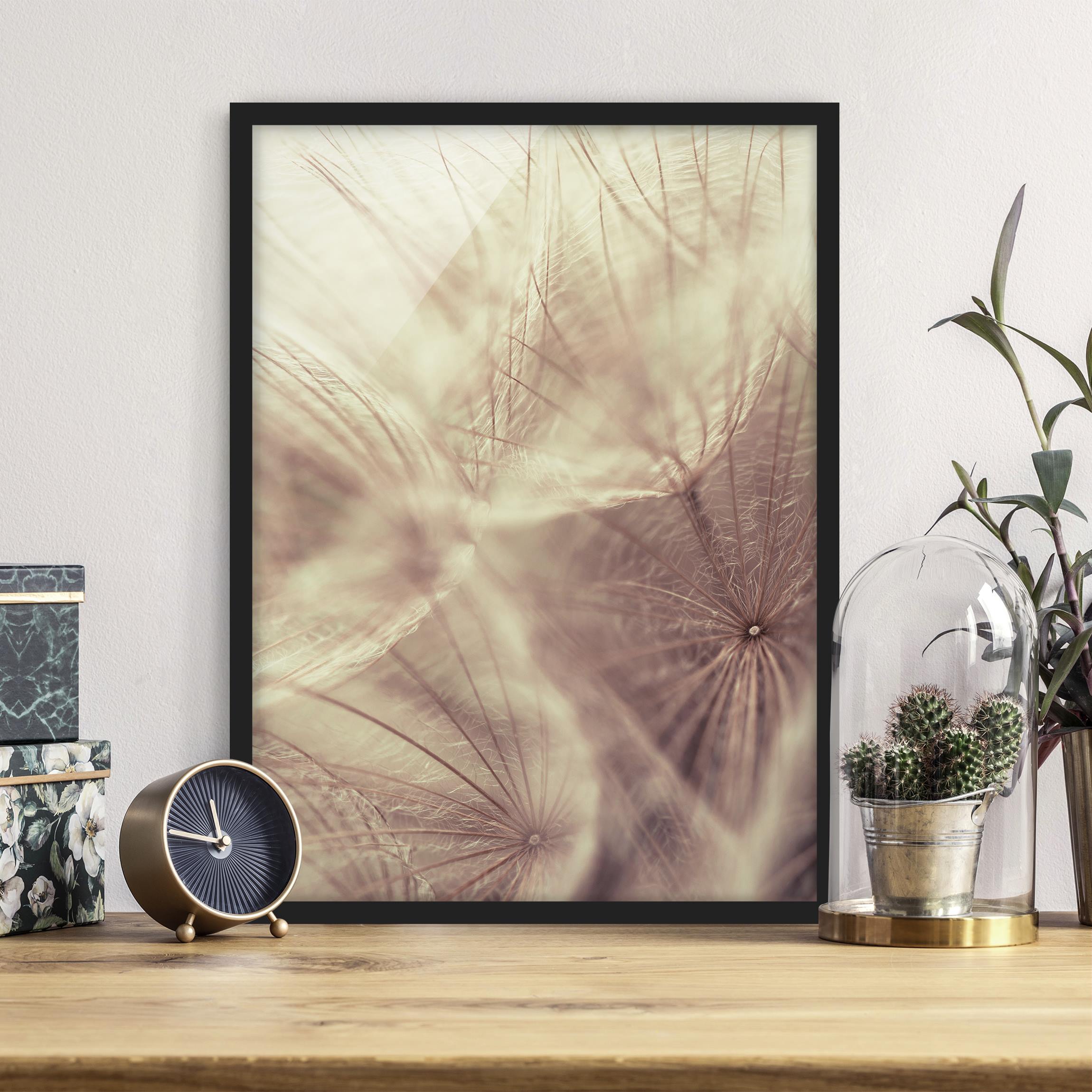 Bild mit Rahmen - Hochformat Detailreiche Pusteblumen Makroaufnahme mit Vintage Blur Effekt