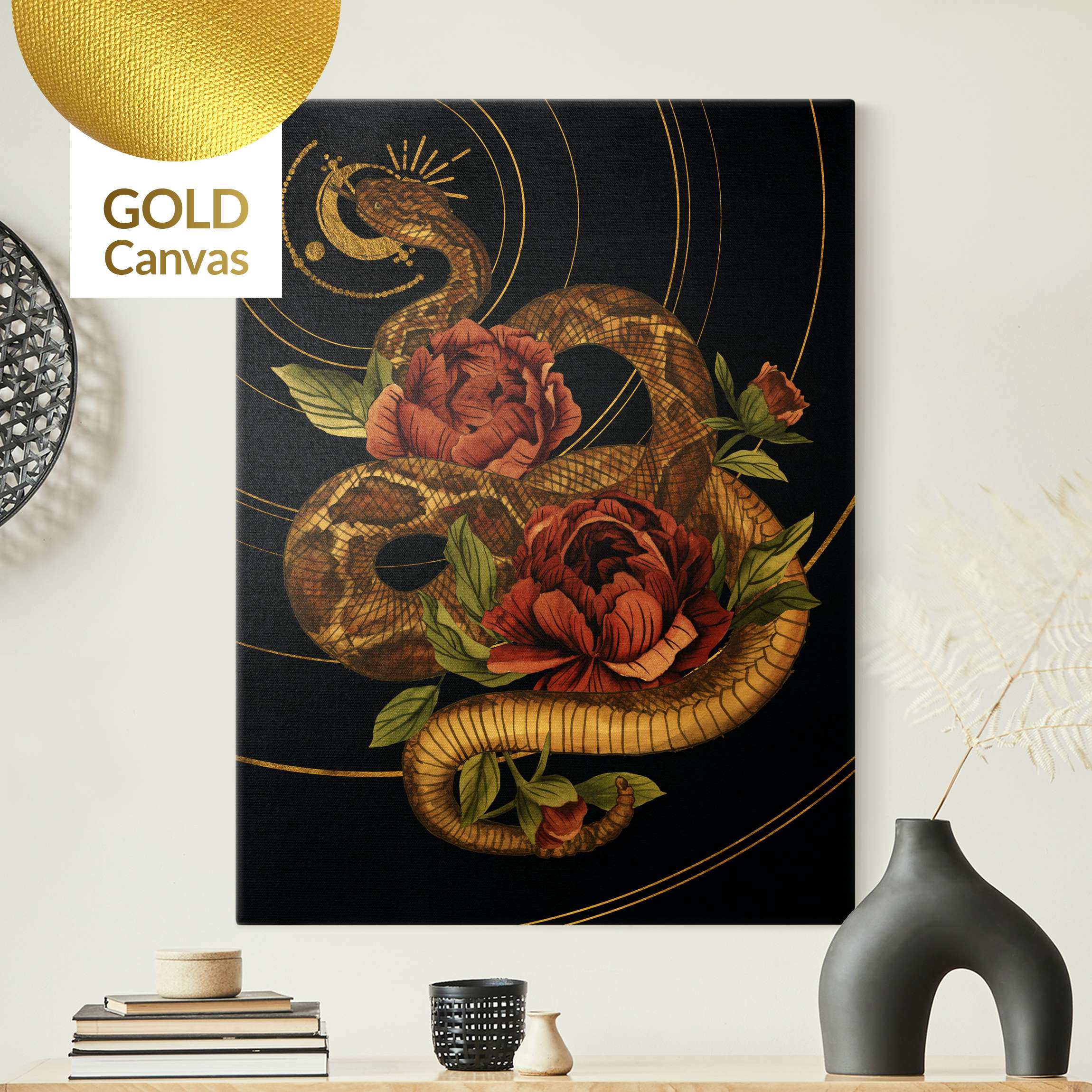 Leinwandbild Gold Schlange mit Rosen Schwarz und Gold I