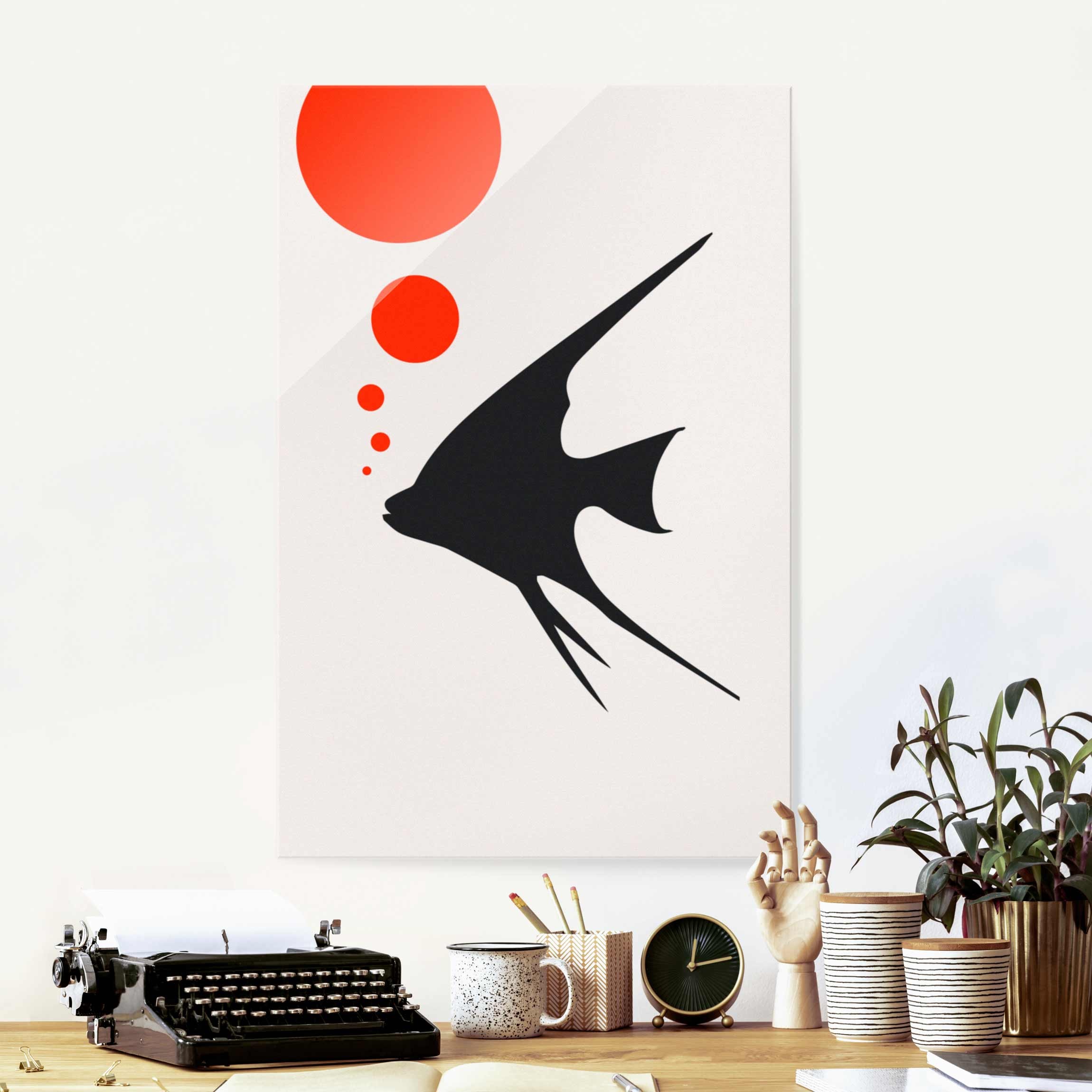 Glasbild Fisch mit Roten Blasen