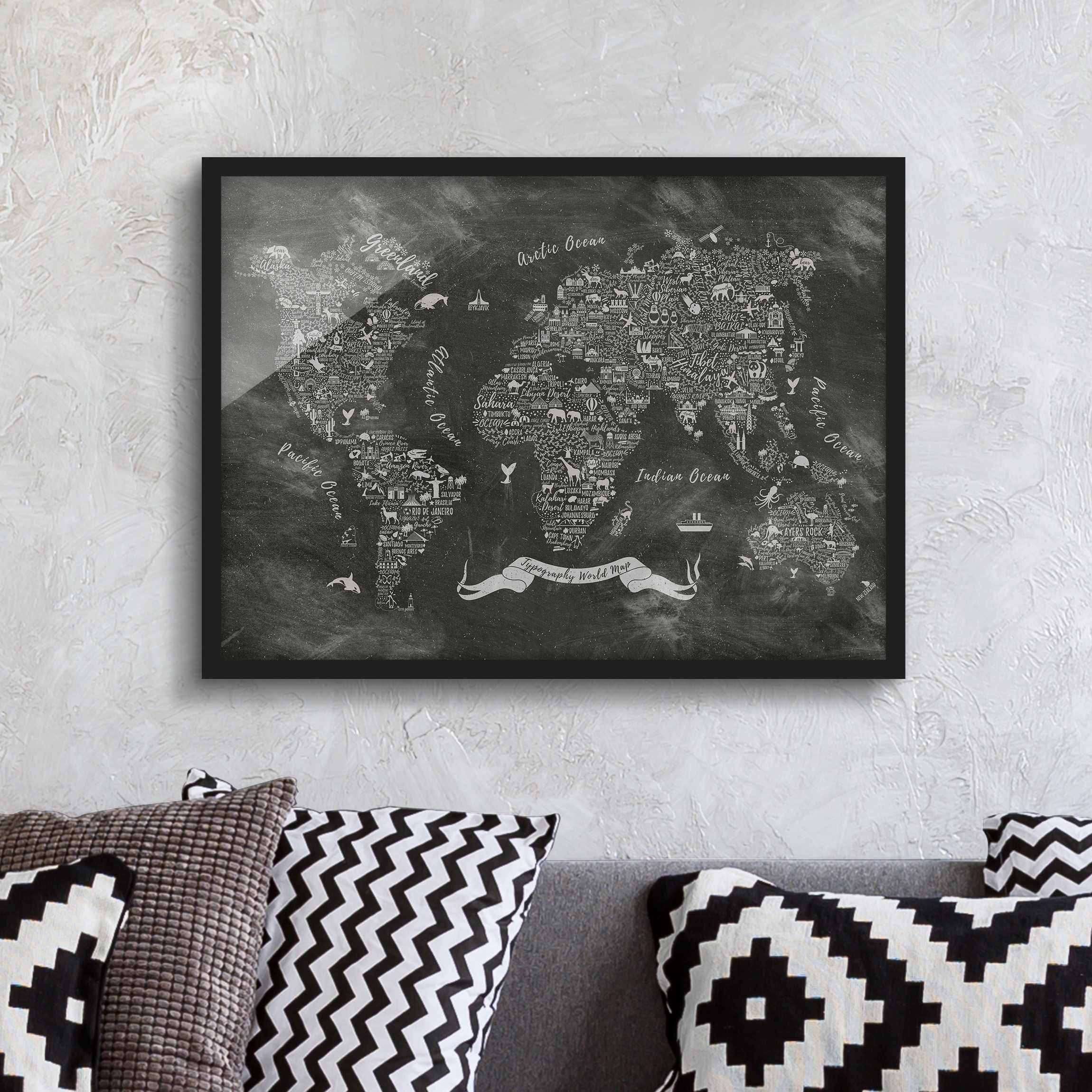 Bild mit Rahmen - Querformat Kreide Typografie Weltkarte