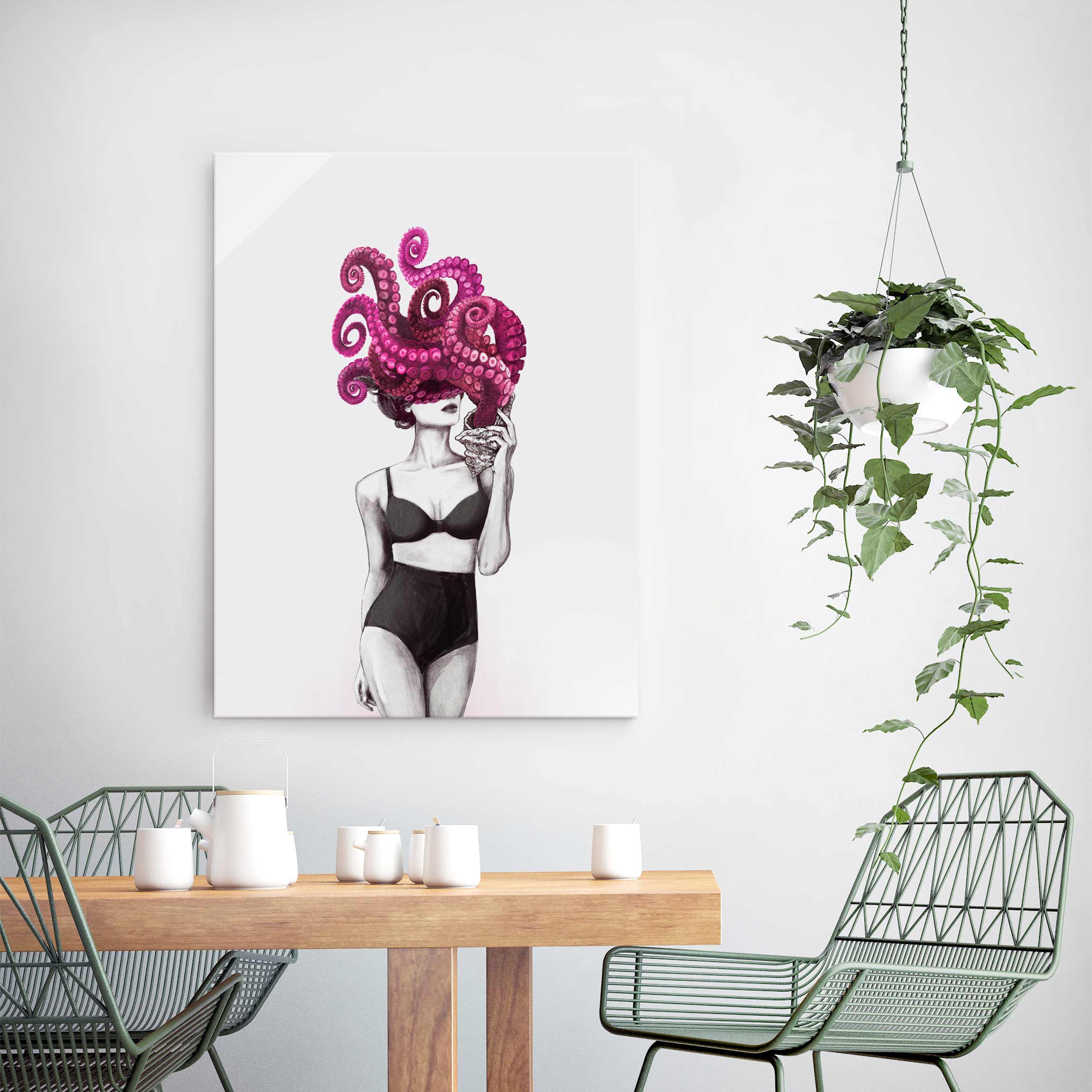 Glasbild Illustration Frau in Unterwäsche Schwarz Weiß Oktopus