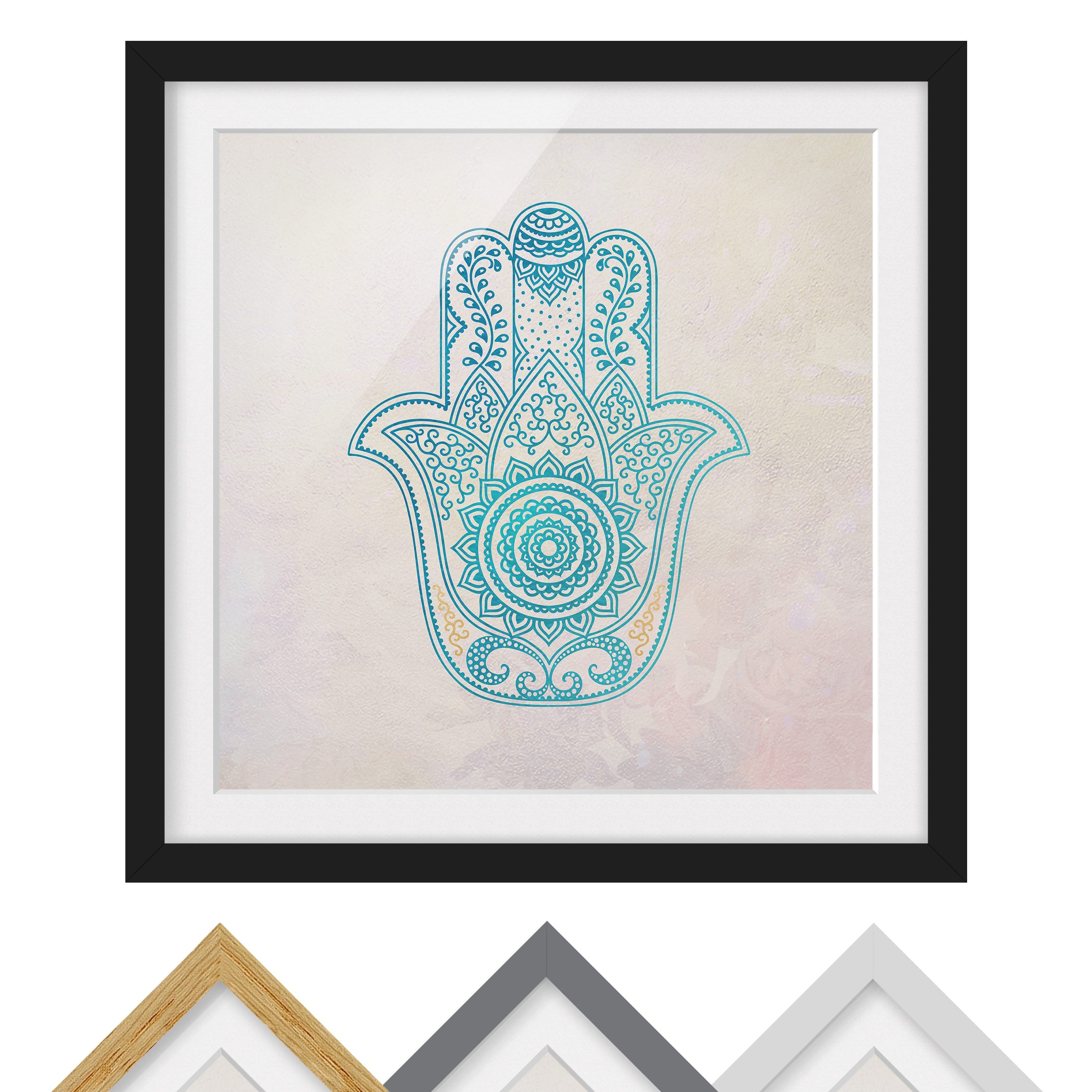 Bild mit Rahmen Hamsa Hand Illustration Mandala gold blau
