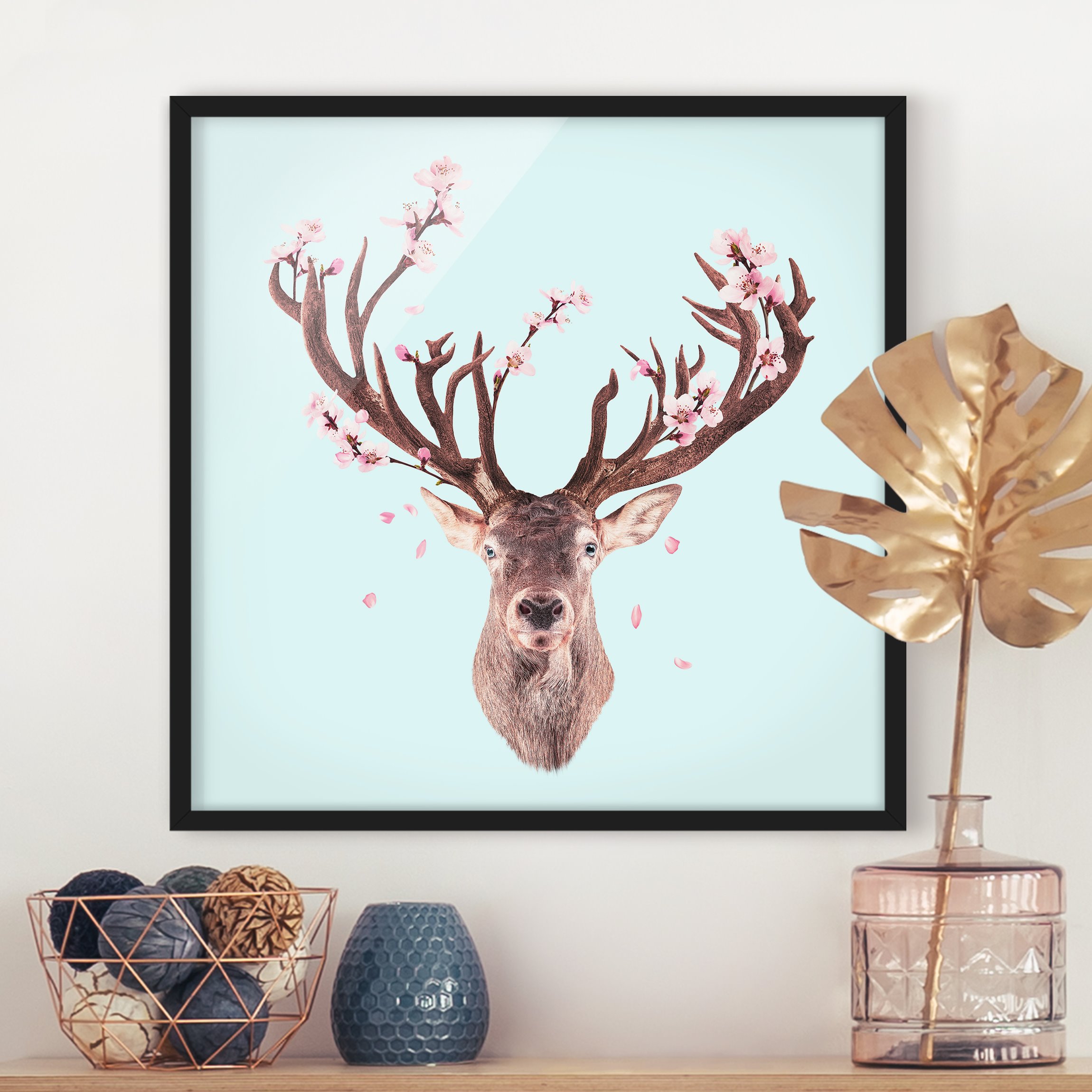 Bild mit Rahmen - Quadrat Hirsch mit Kirschblüten