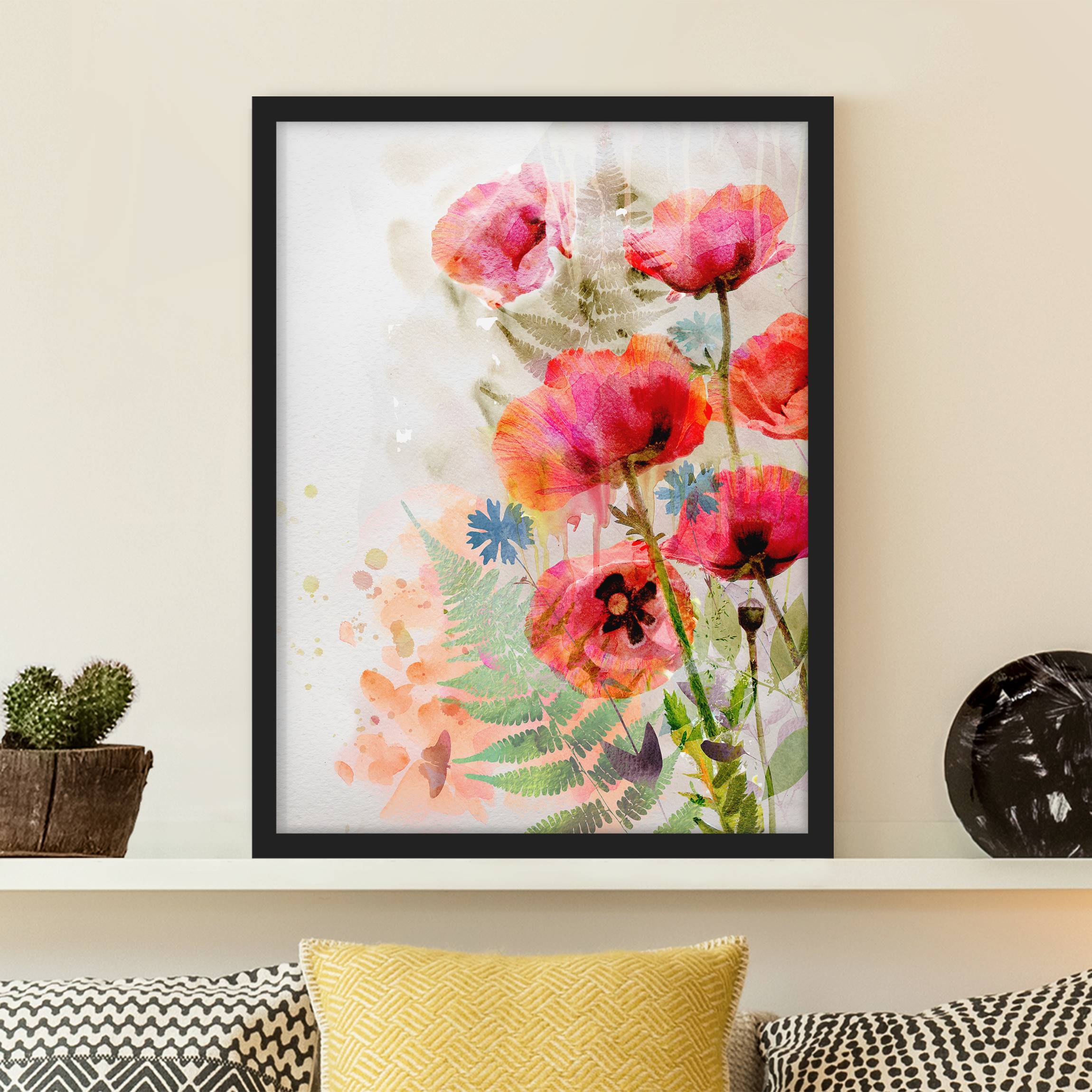 Blumen Bild mit Rahmen Aquarell Blumen Mohn