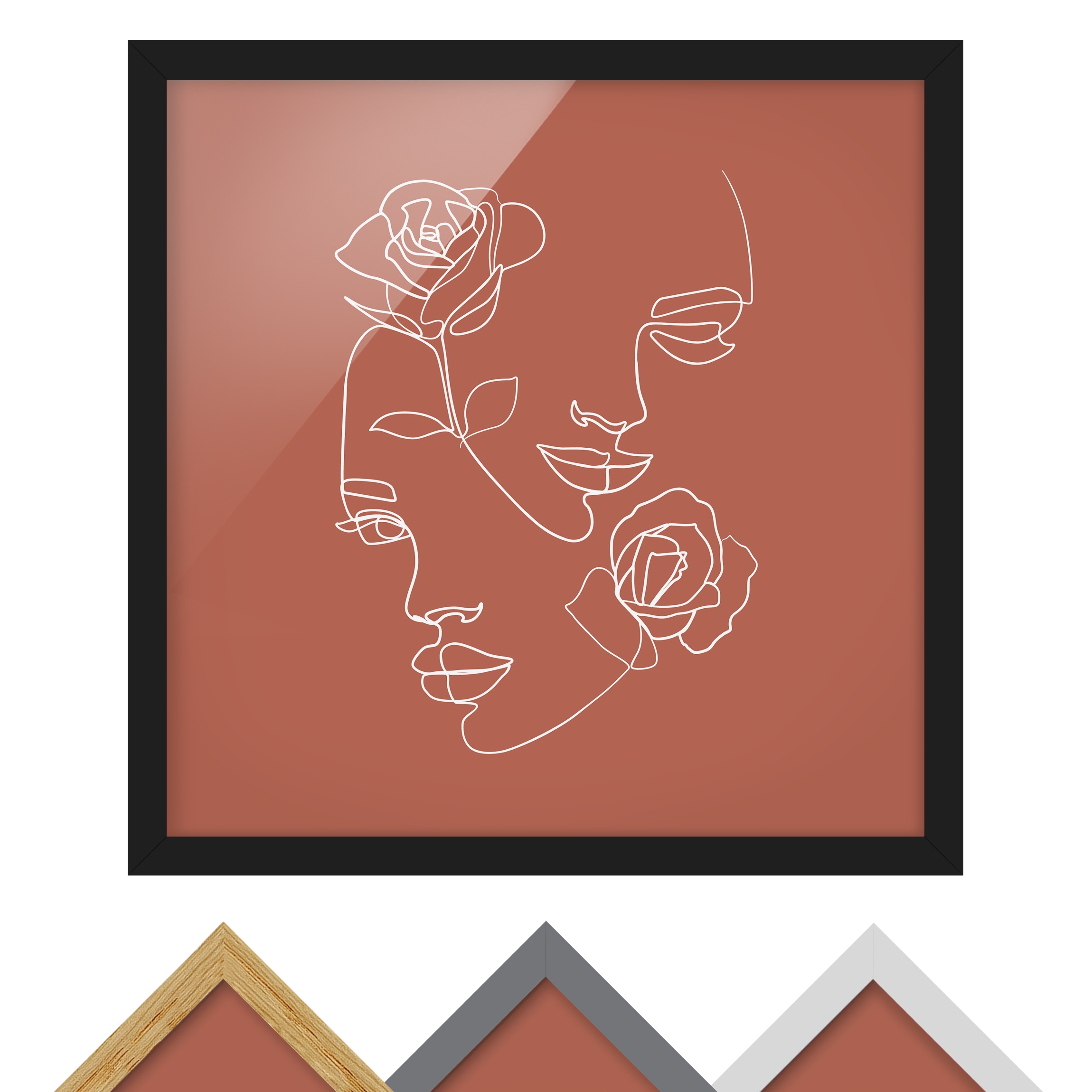 Bild mit Rahmen - Quadrat Line Art Gesichter Frauen Rosen Kupfer