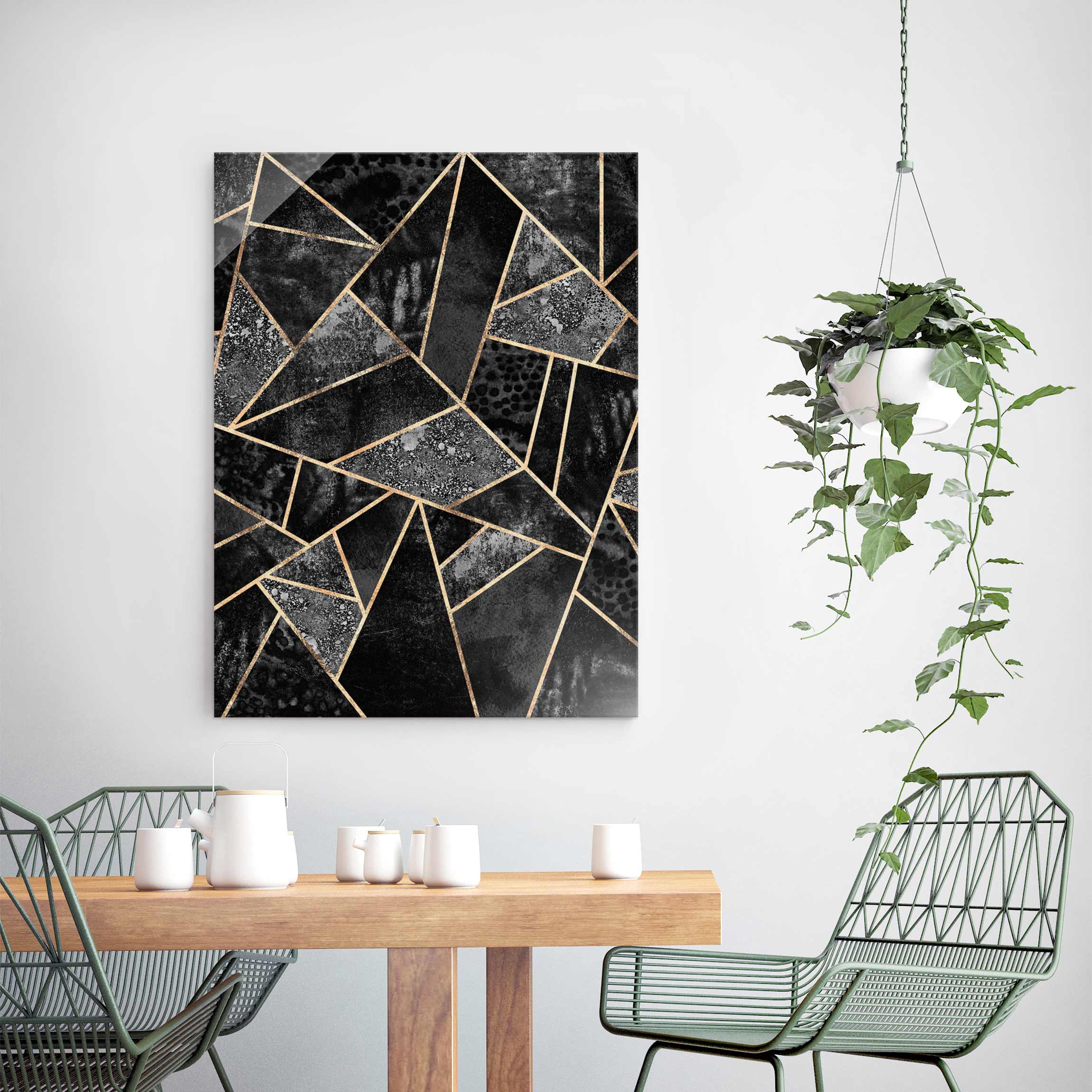 Glasbild - Hochformat Graue Dreiecke Gold