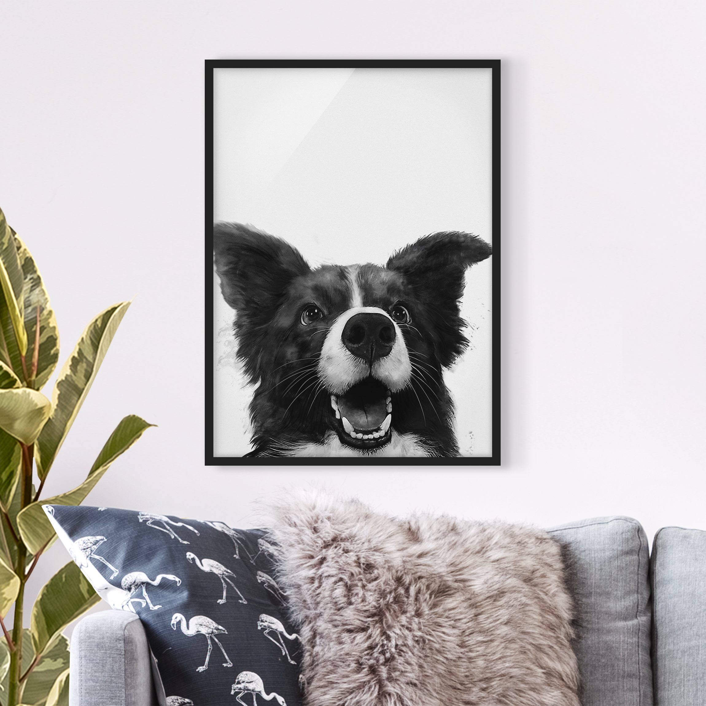 Bild mit Rahmen - Hochformat Illustration Hund Border Collie Schwarz Weiß Malerei