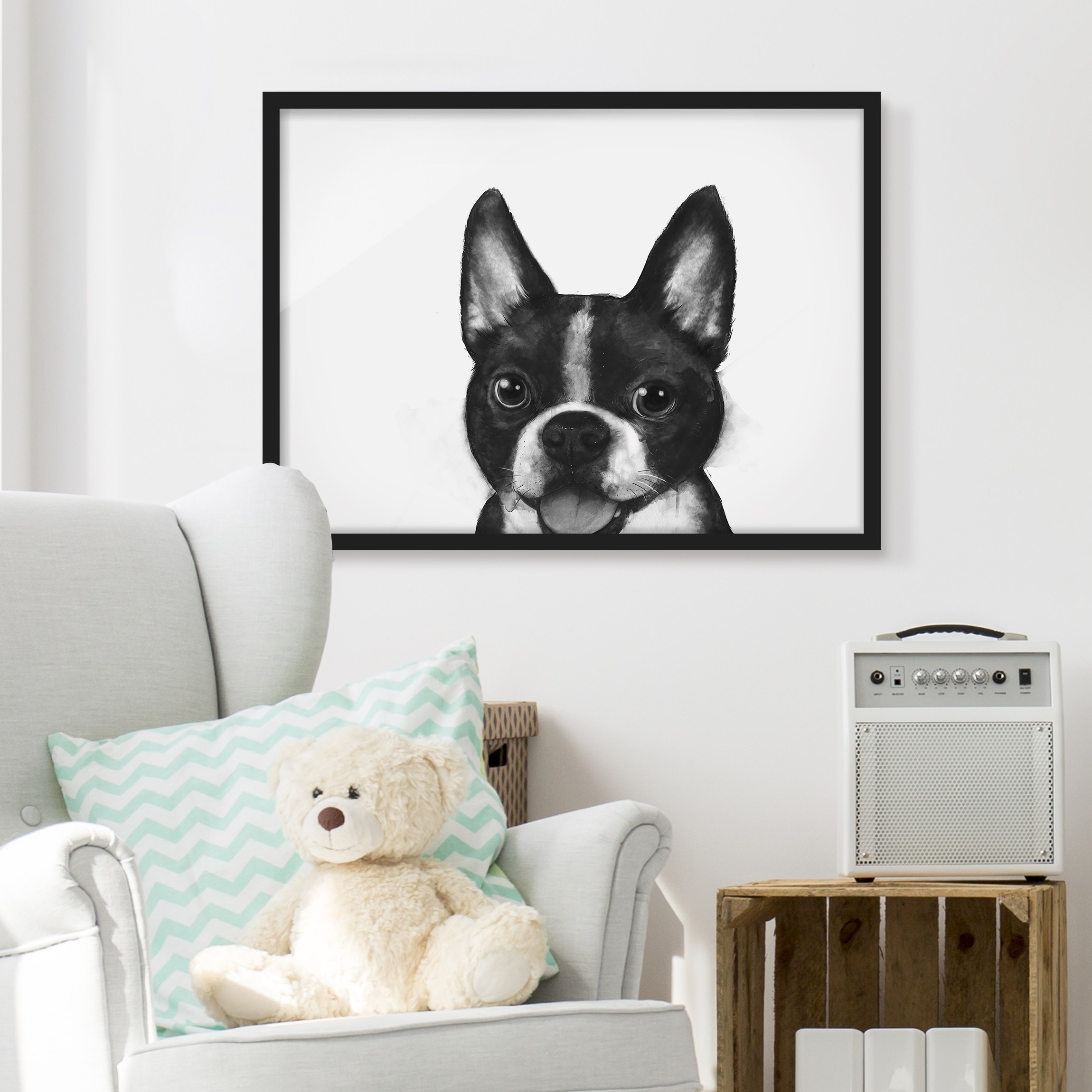 Bild mit Rahmen - Querformat Illustration Hund Boston Schwarz Weiß Malerei