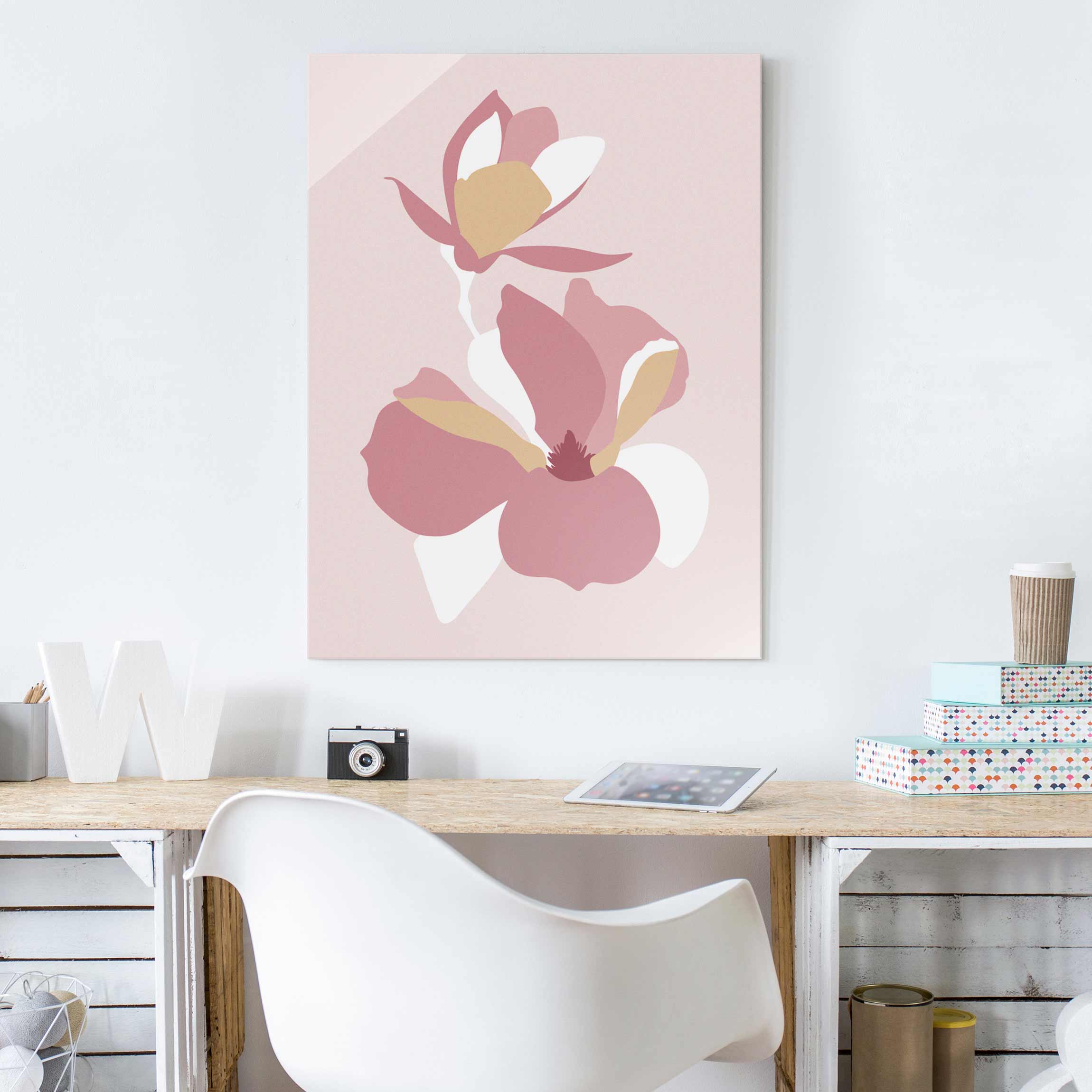 Glasbild - Hochformat Line Art Blüten Pastell Rosa