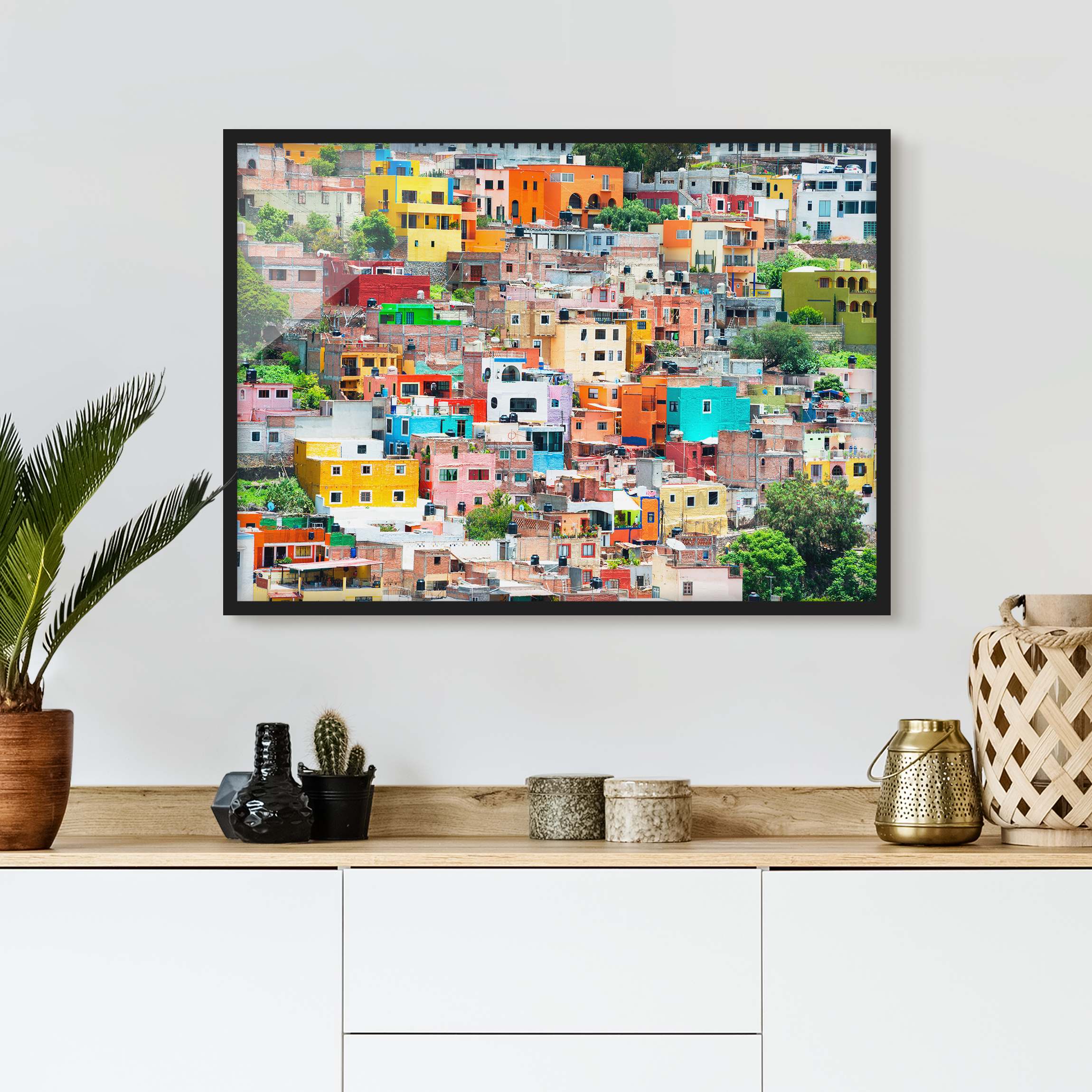 Bild mit Rahmen - Querformat Farbige Häuserfront Guanajuato