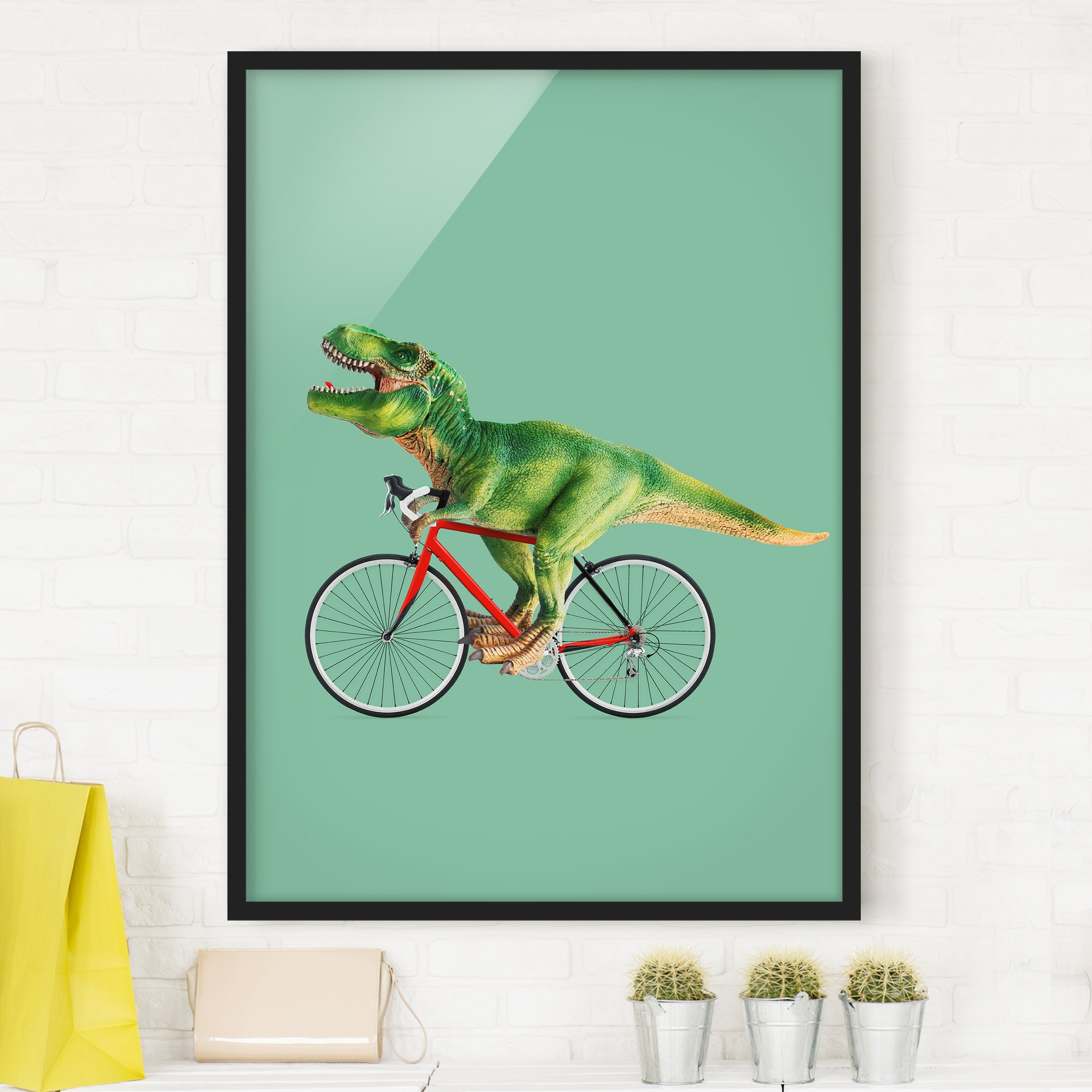 Bild mit Rahmen - Hochformat Dinosaurier mit Fahrrad