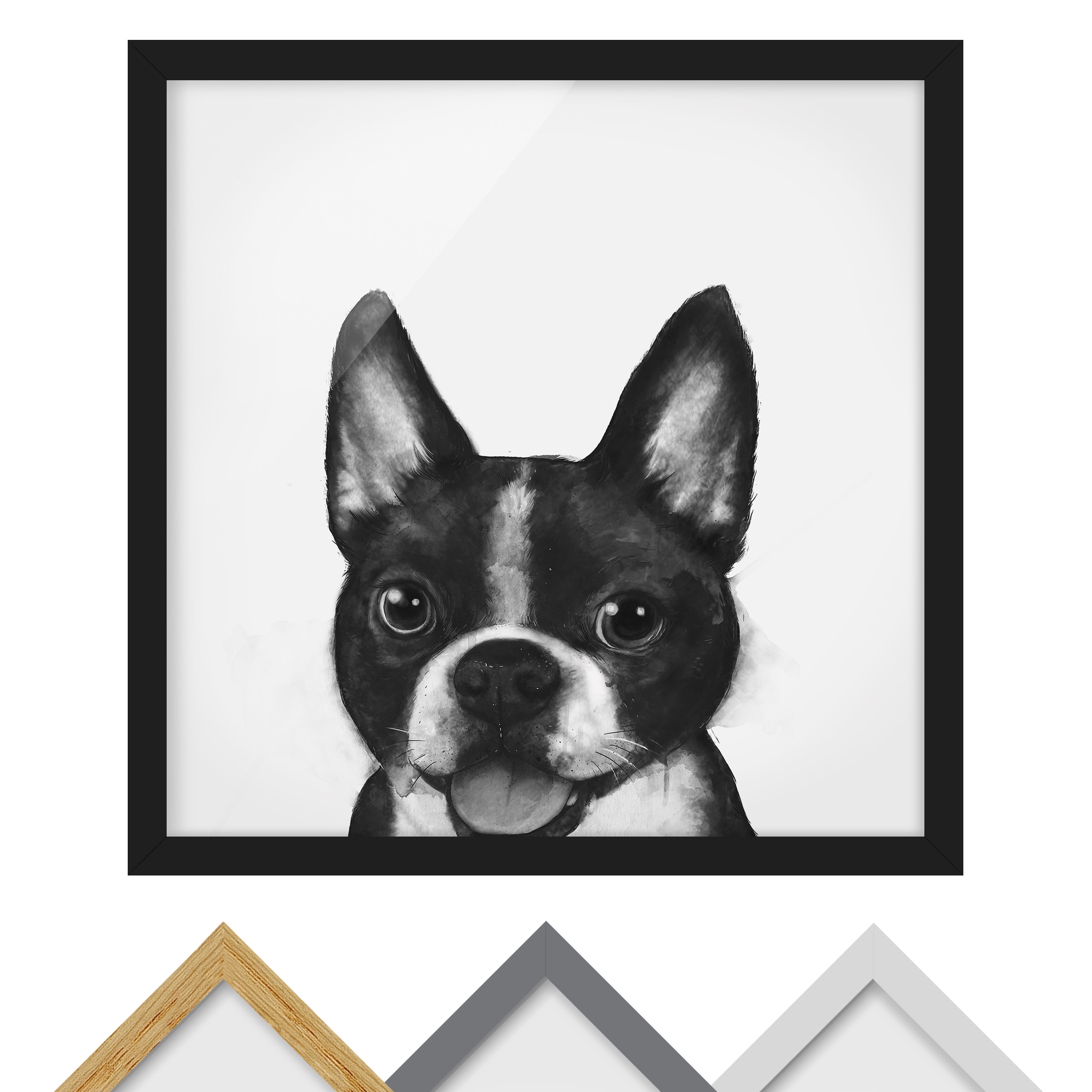 Bild mit Rahmen - Quadrat Illustration Hund Boston Schwarz Weiß Malerei