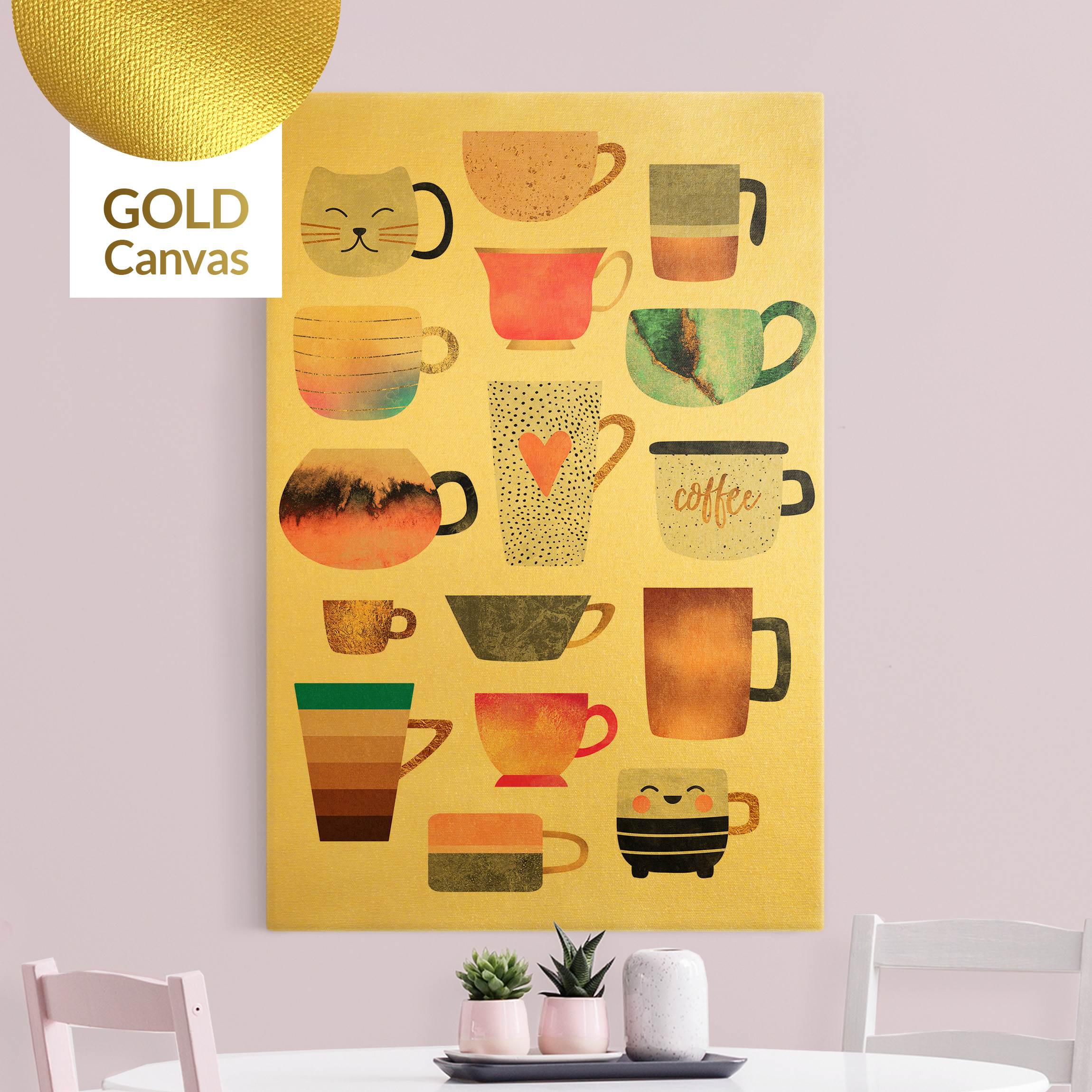 Leinwandbild Gold Bunte Tassen mit Gold