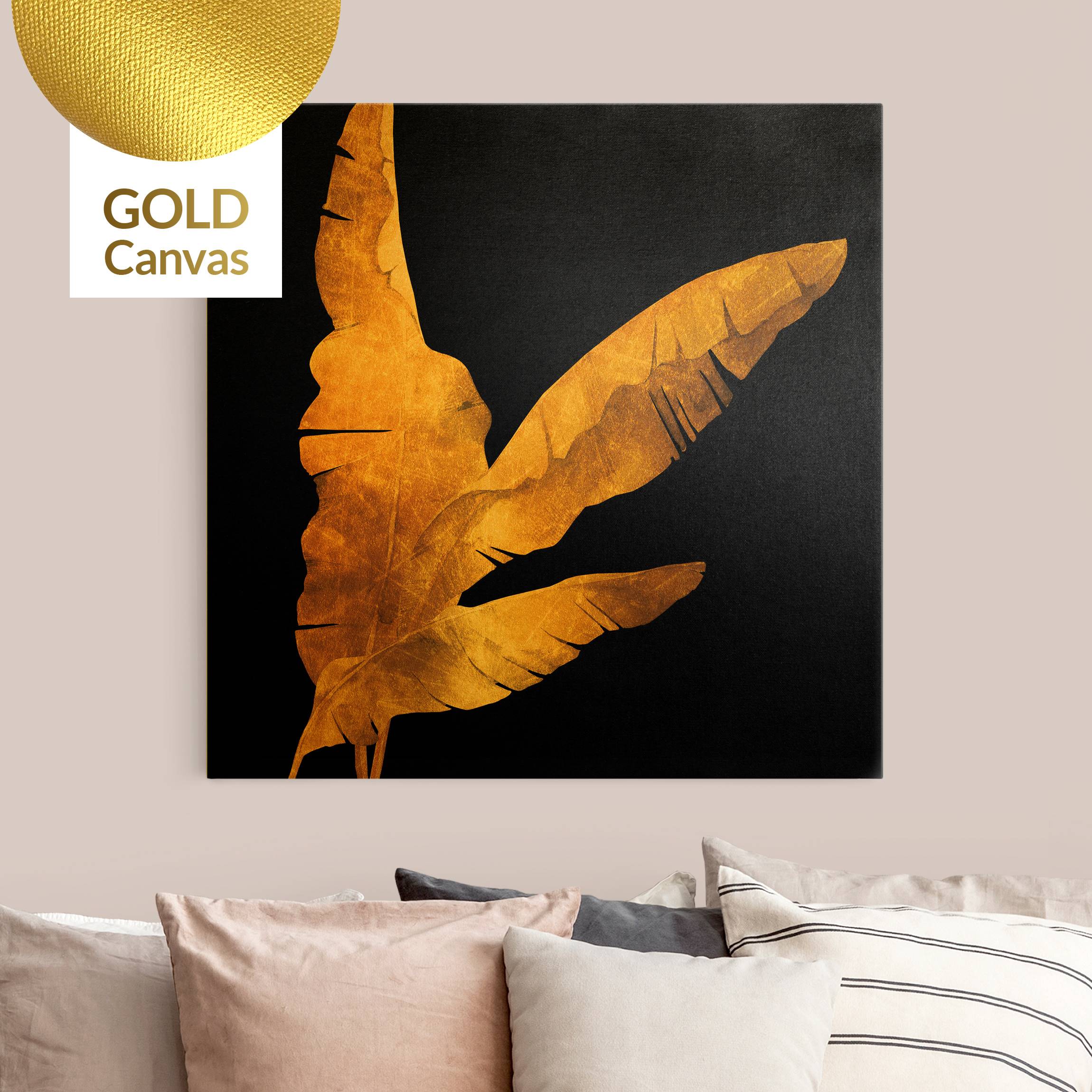 Leinwandbild Gold Gold - Bananenpalme auf Schwarz
