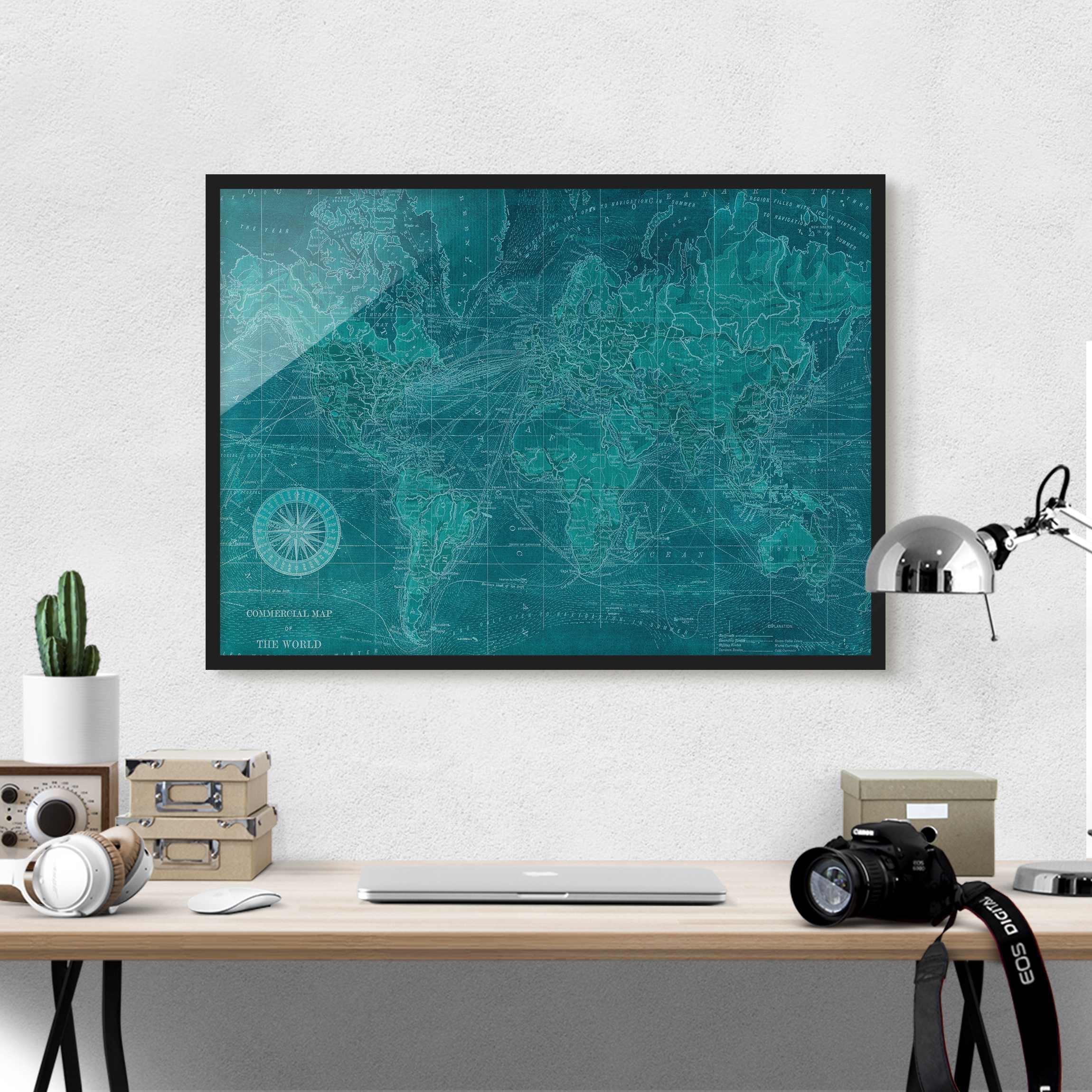 Bild mit Rahmen - Querformat Vintage Weltkarte Azurblau