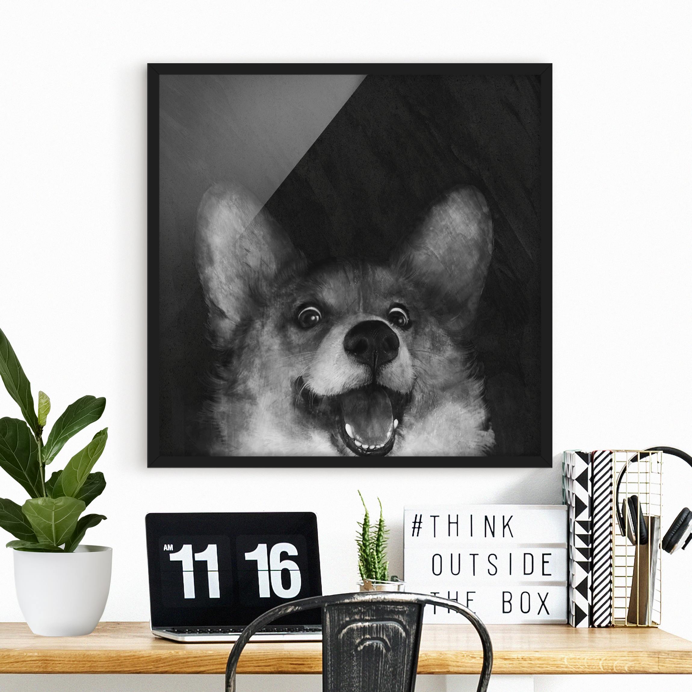 Bild mit Rahmen Illustration Hund Corgi Malerei Schwarz Weiß