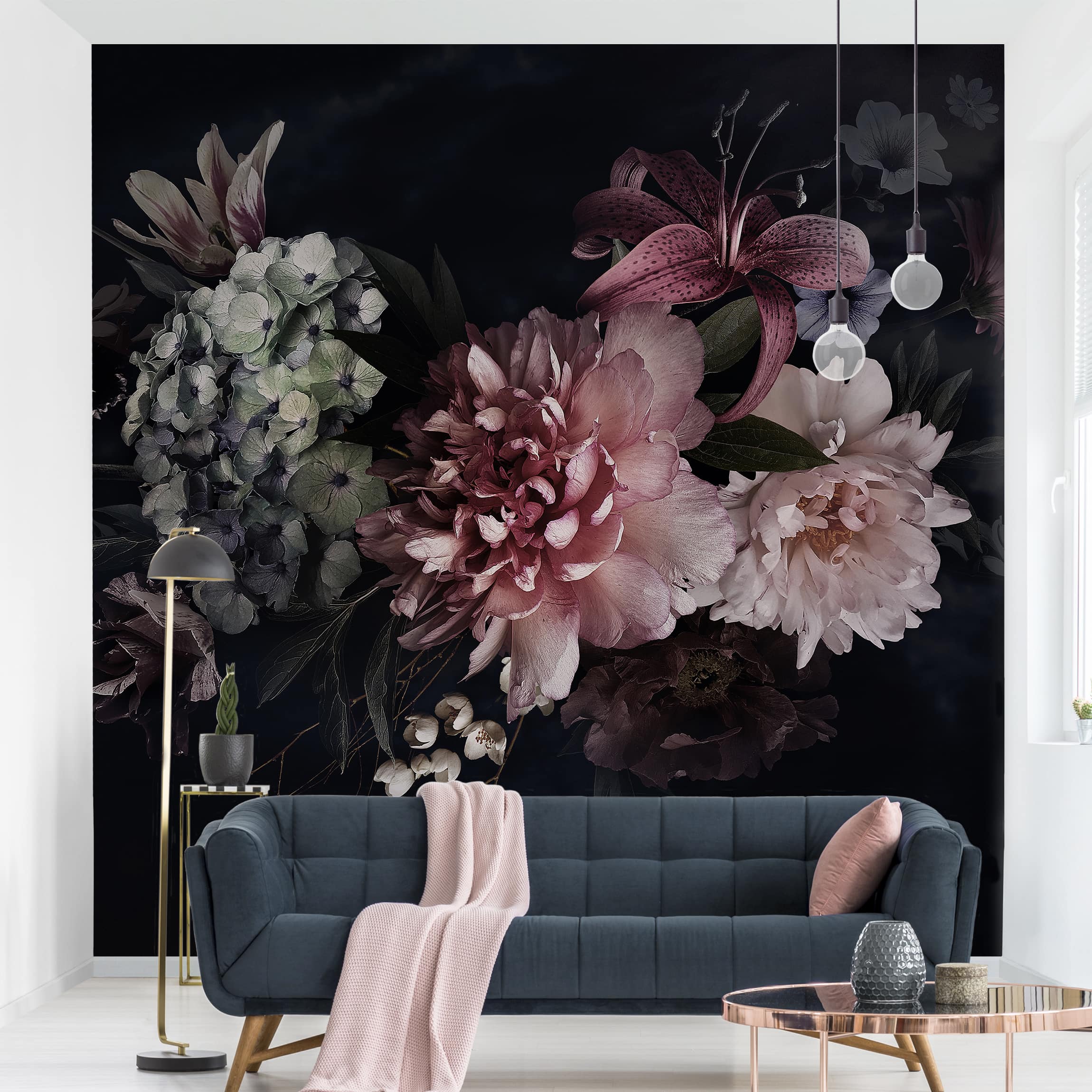 Fototapete Blumen Blumen mit Nebel auf Schwarz