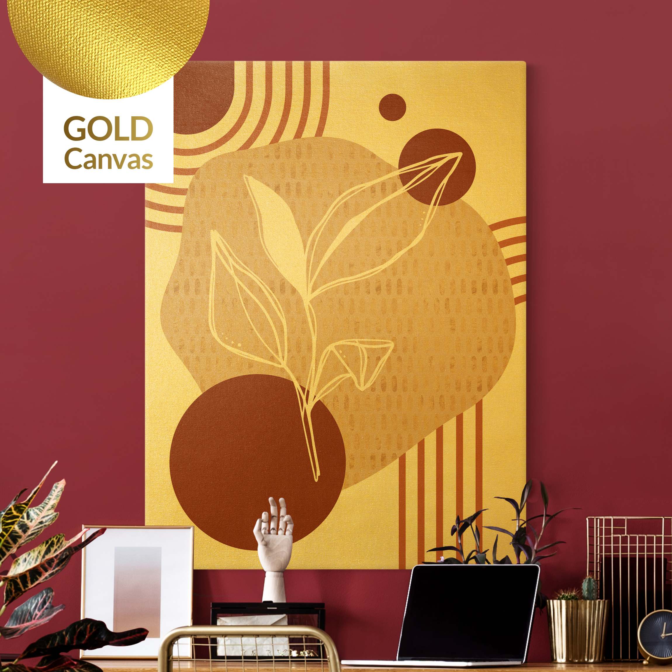 Leinwandbild Gold Geometrische Formen - Blätter Orange Gold