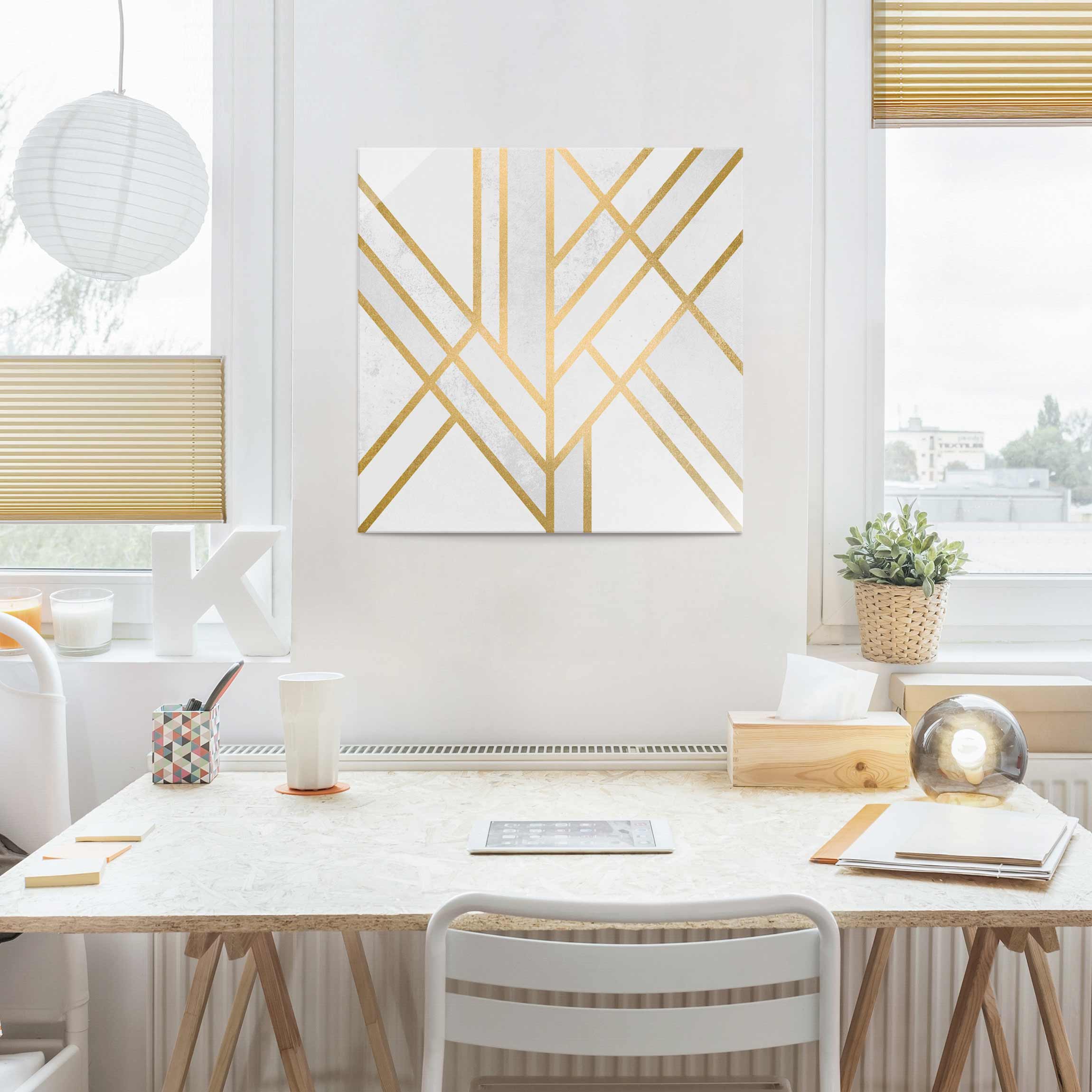 Glasbild - Quadrat Art Deco Geometrie Weiß Gold