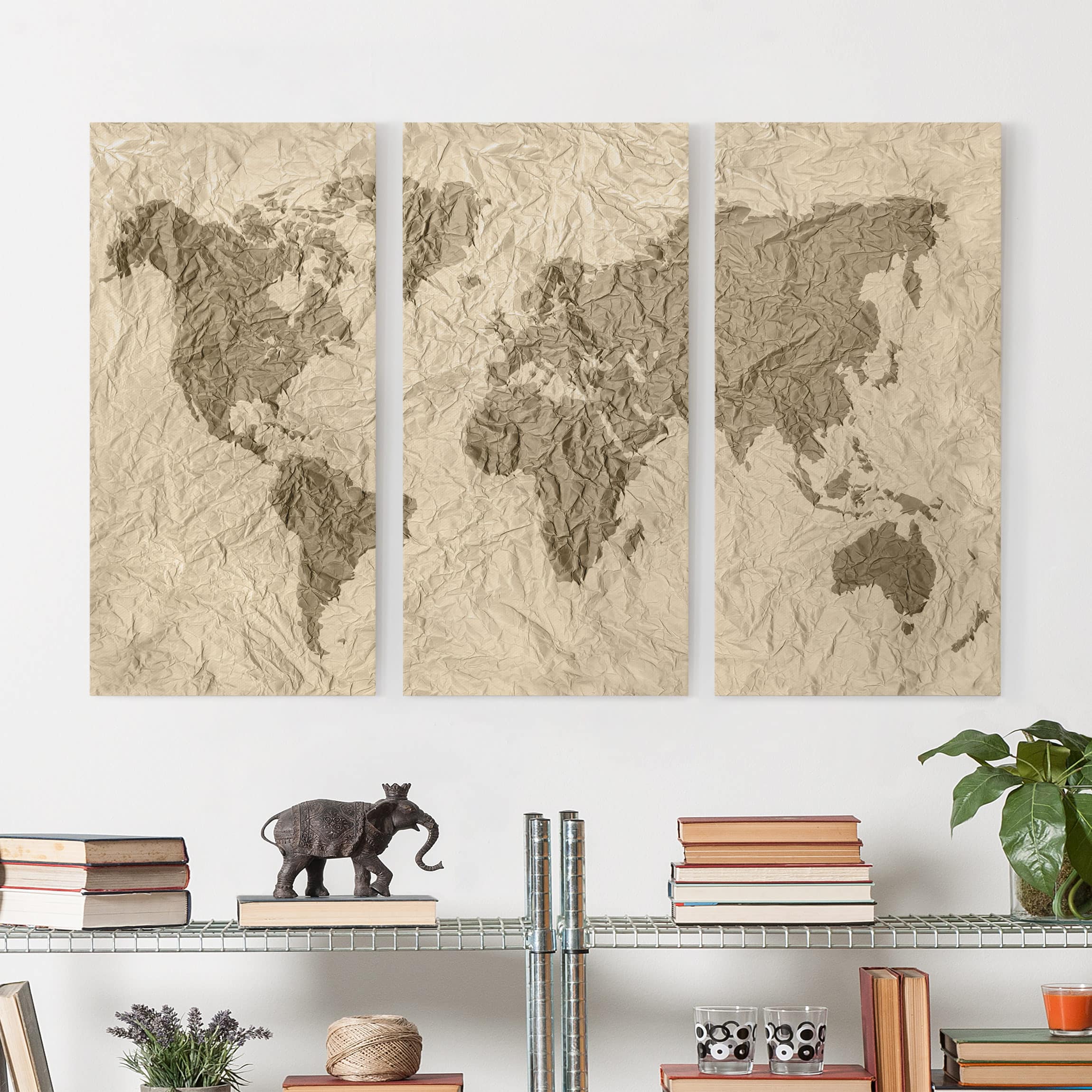 3-teiliges Leinwandbild - Querformat Papier Weltkarte Beige Braun