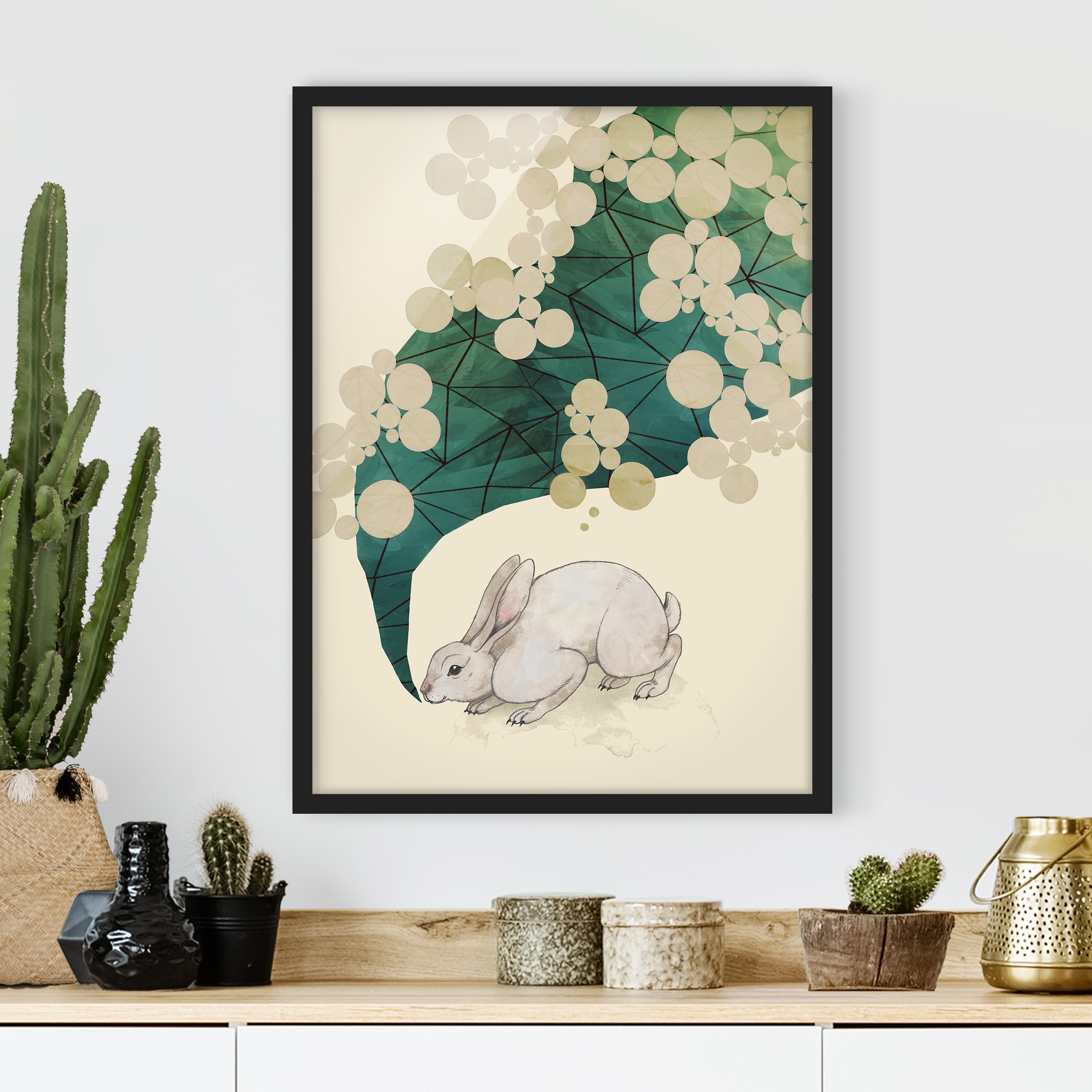 Bild mit Rahmen - Hochformat Illustration Hase mit Punkten und Dreiecken