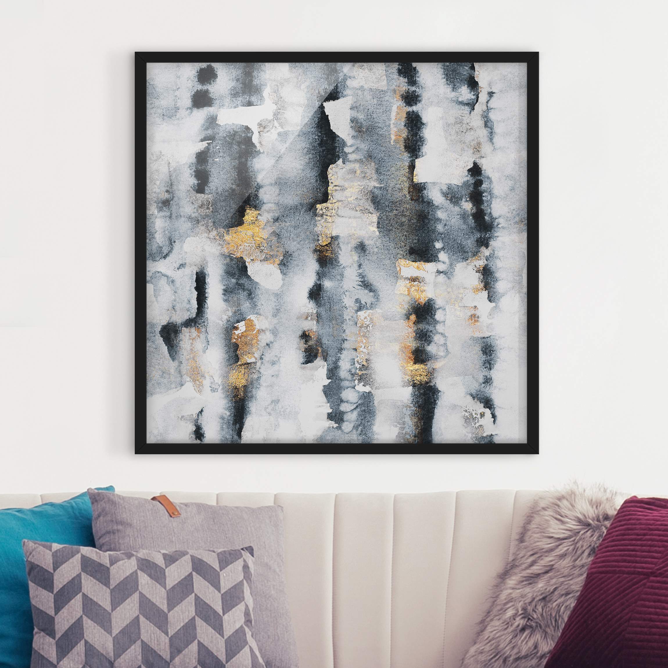 Bild mit Rahmen - Quadrat Abstraktes Aquarell mit Gold
