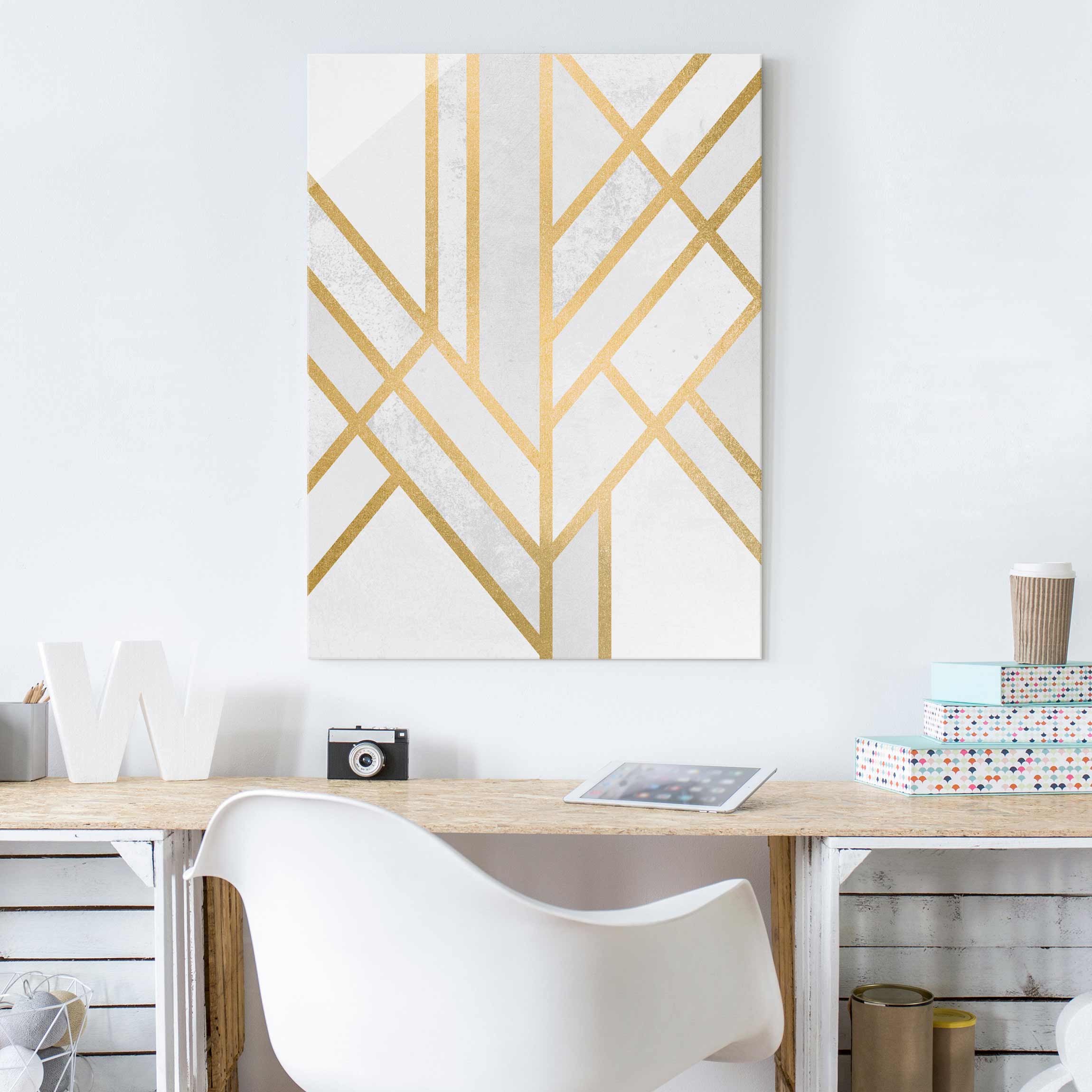 Glasbild Art Deco Geometrie Weiß Gold