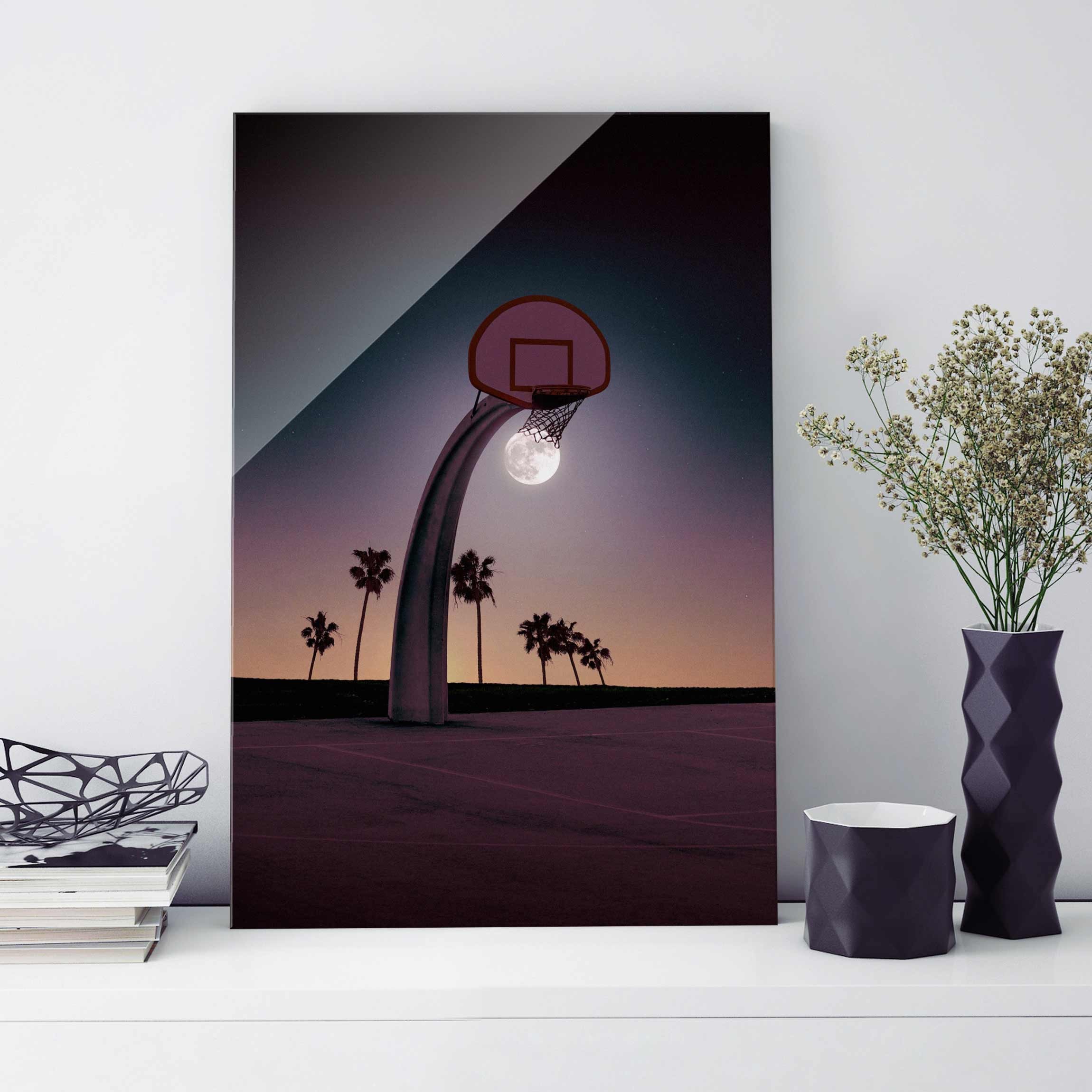 Glasbild Basketball mit Mond