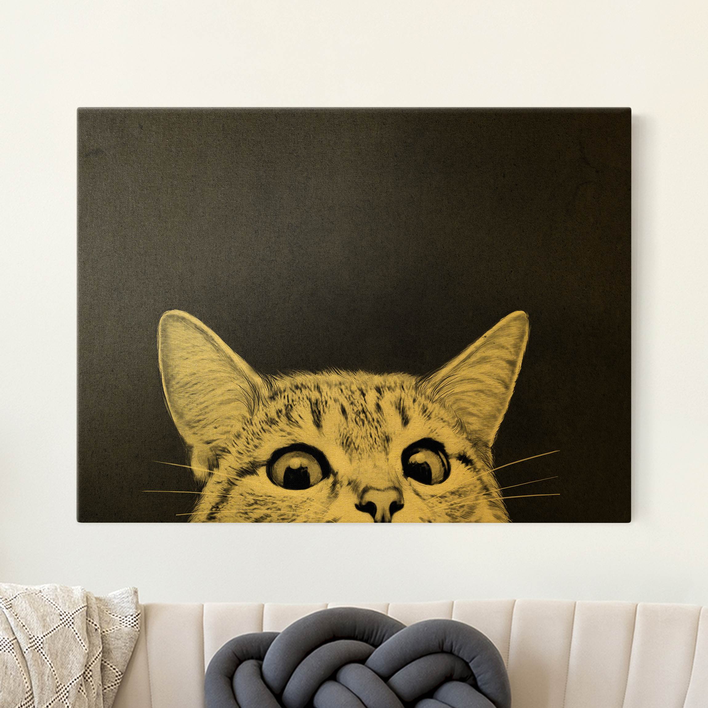 Leinwandbild Gold Illustration Katze Schwarz Weiß Zeichnung