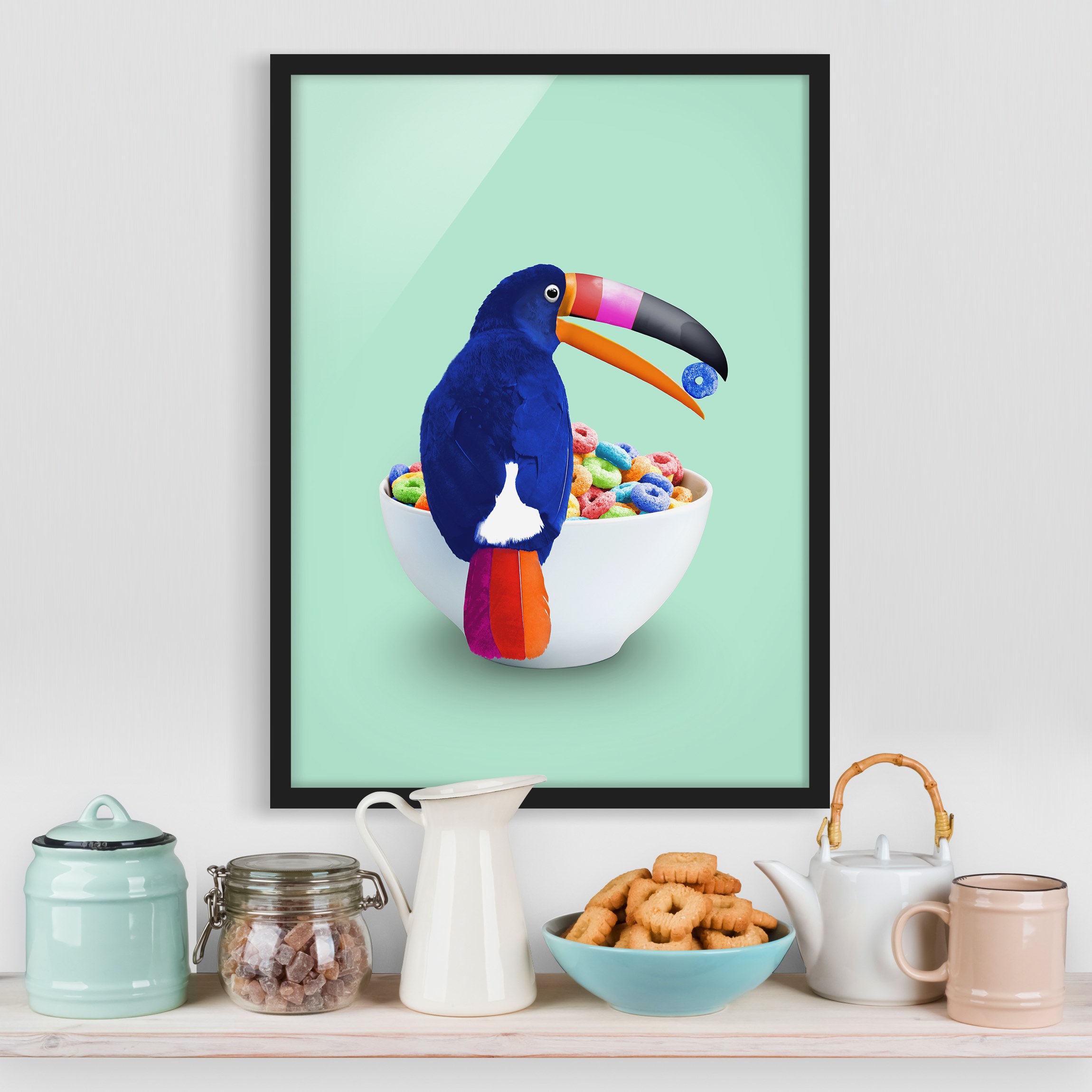 Bild mit Rahmen - Hochformat Frühstück mit Tukan