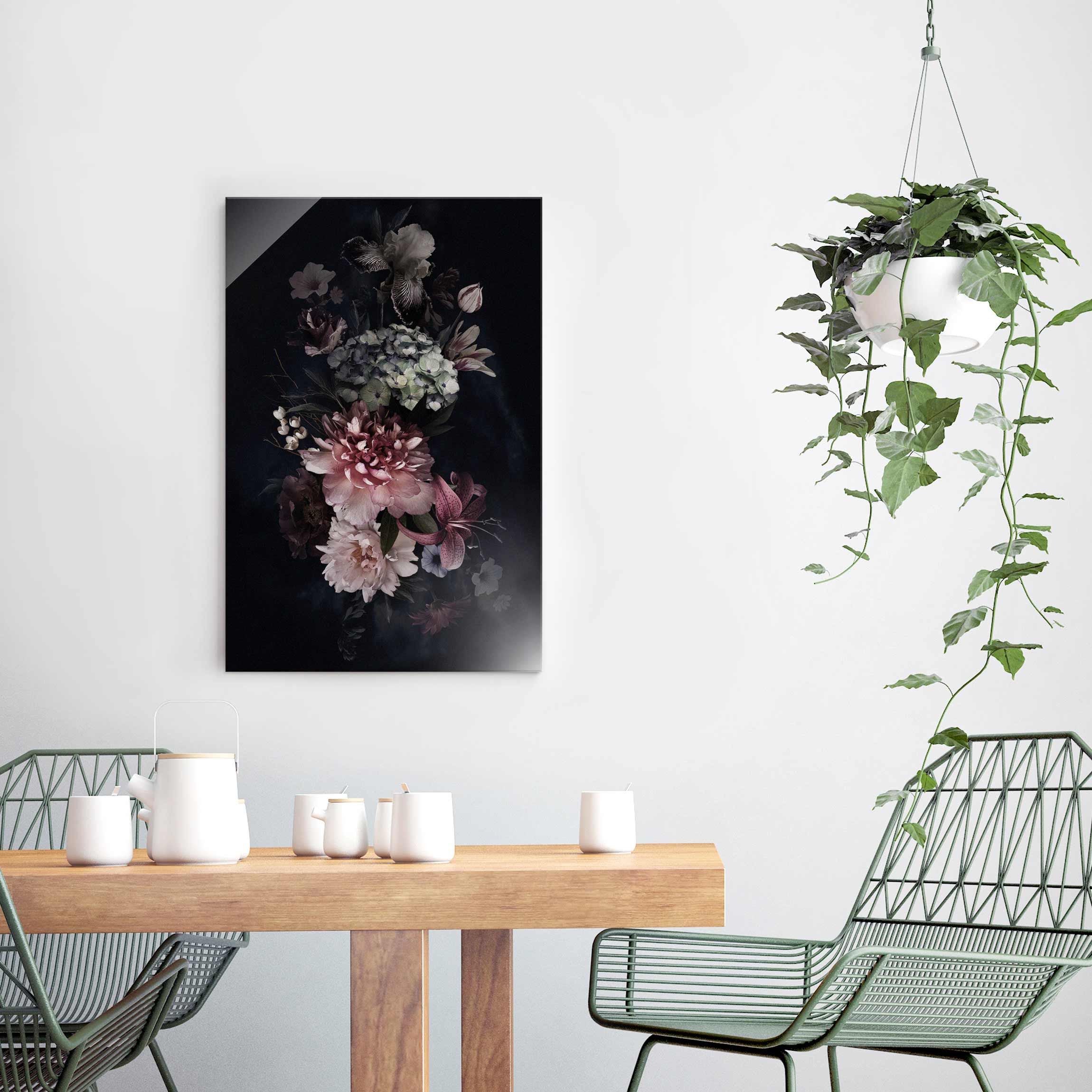 Glasbild - Hochformat Blumen mit Nebel auf Schwarz