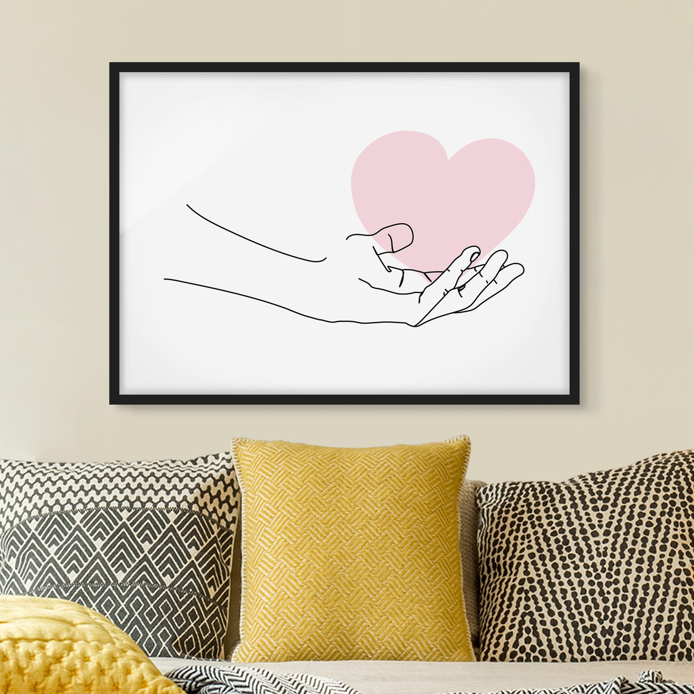 Bild mit Rahmen - Querformat Hand mit Herz Line Art