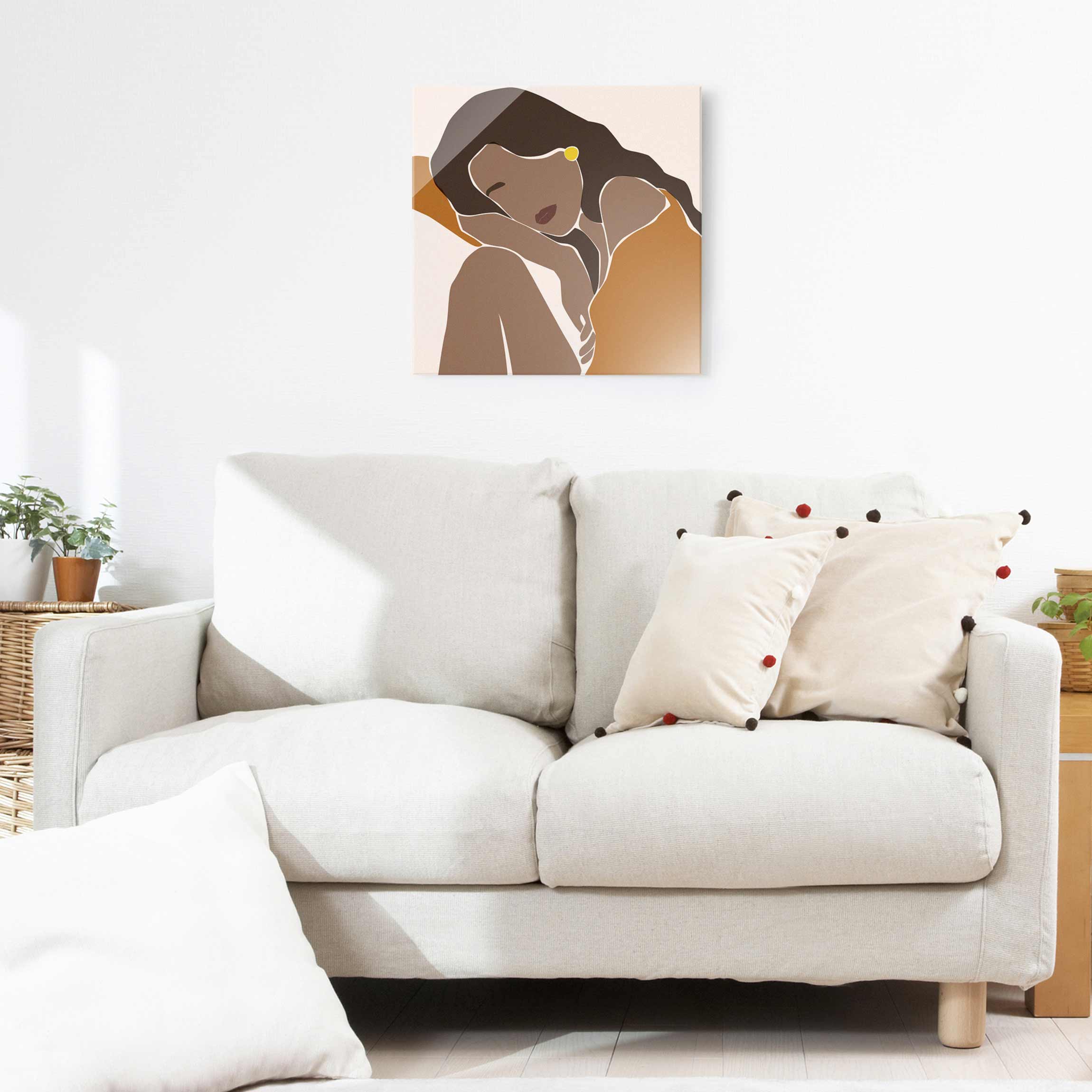 Glasbild - Quadrat Line Art Frau Braun Beige