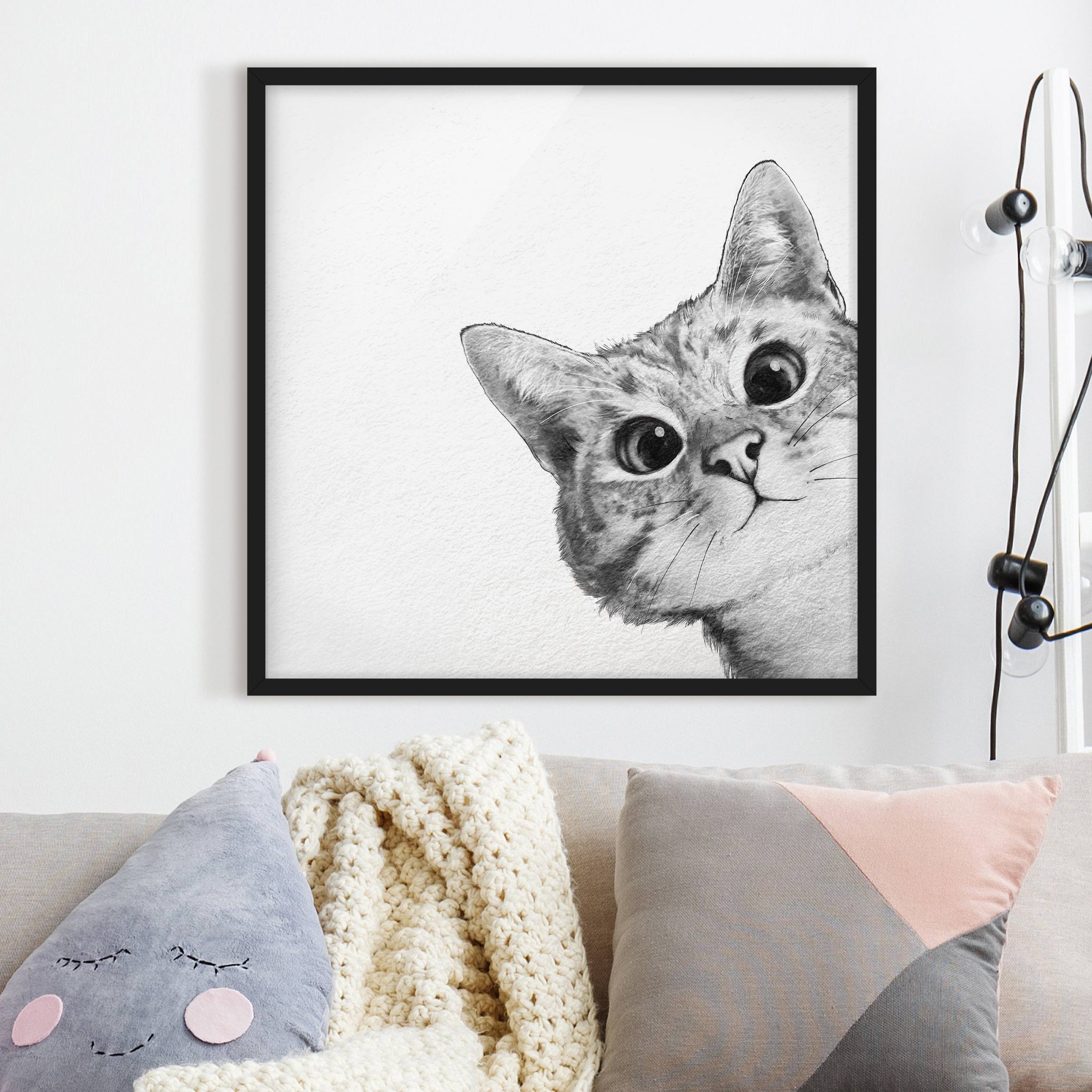 Bild mit Rahmen Illustration Katze Zeichnung Schwarz Weiß