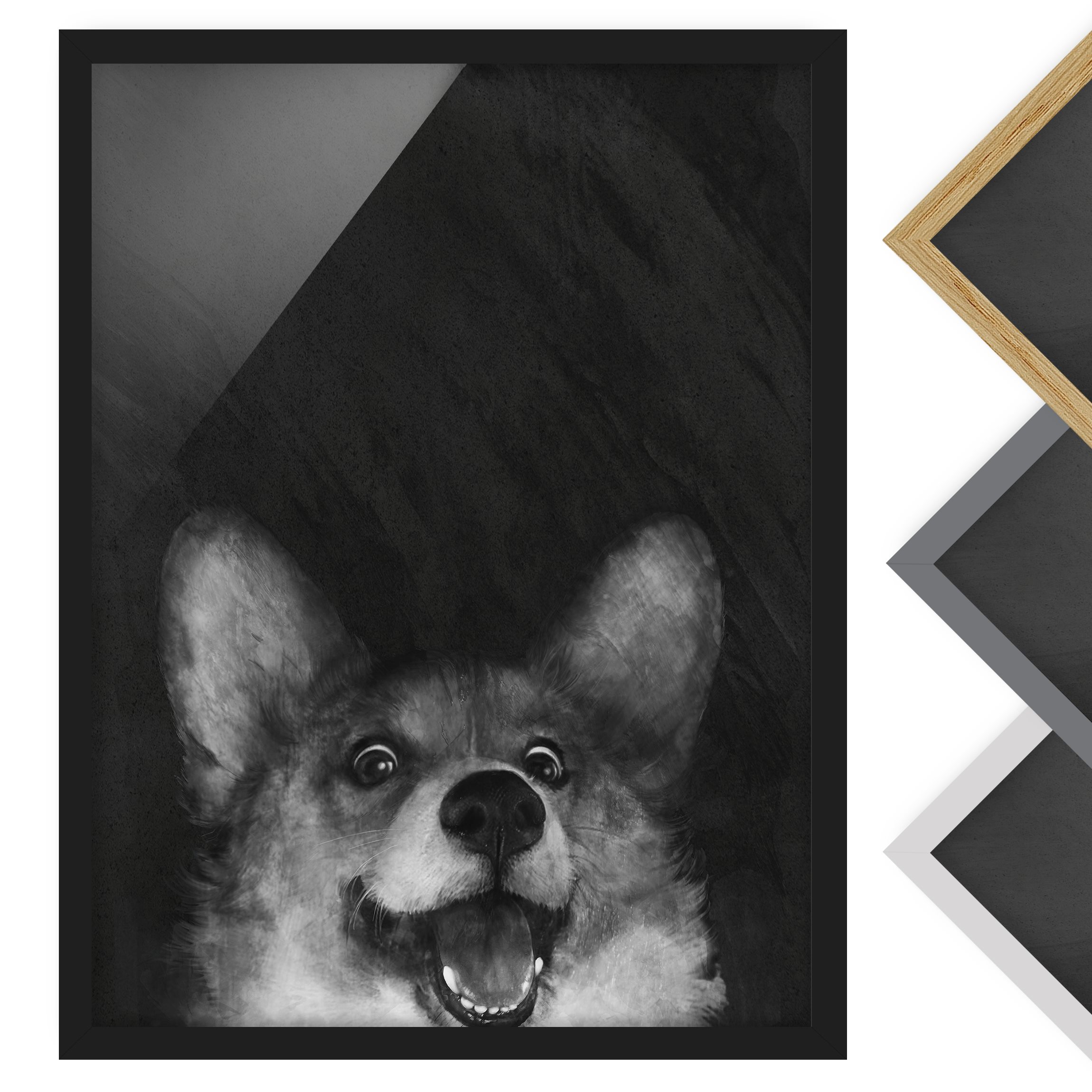 Bild mit Rahmen - Hochformat Illustration Hund Corgi Malerei Schwarz Weiß