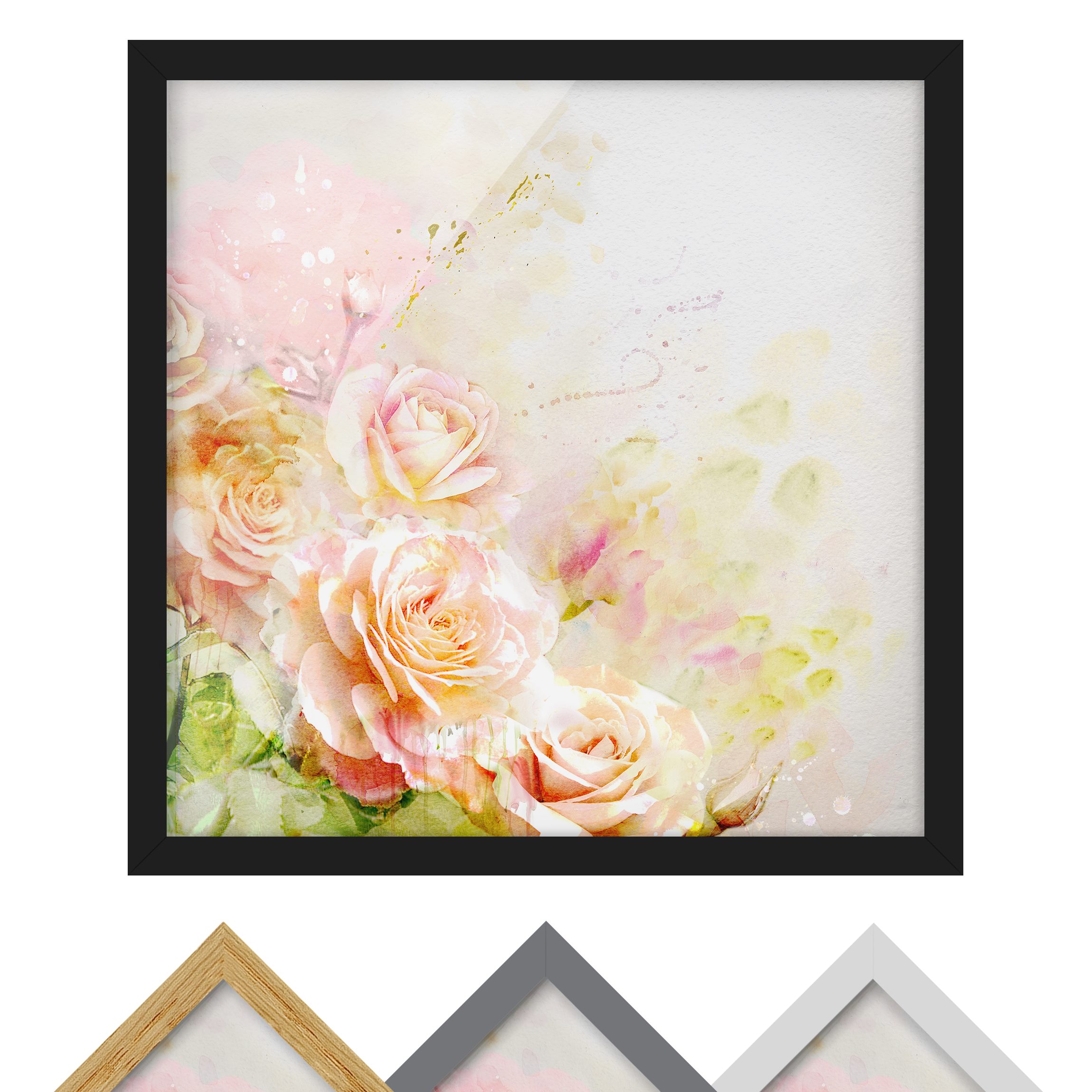 Bild mit Rahmen - Quadrat Aquarell Rosen Komposition