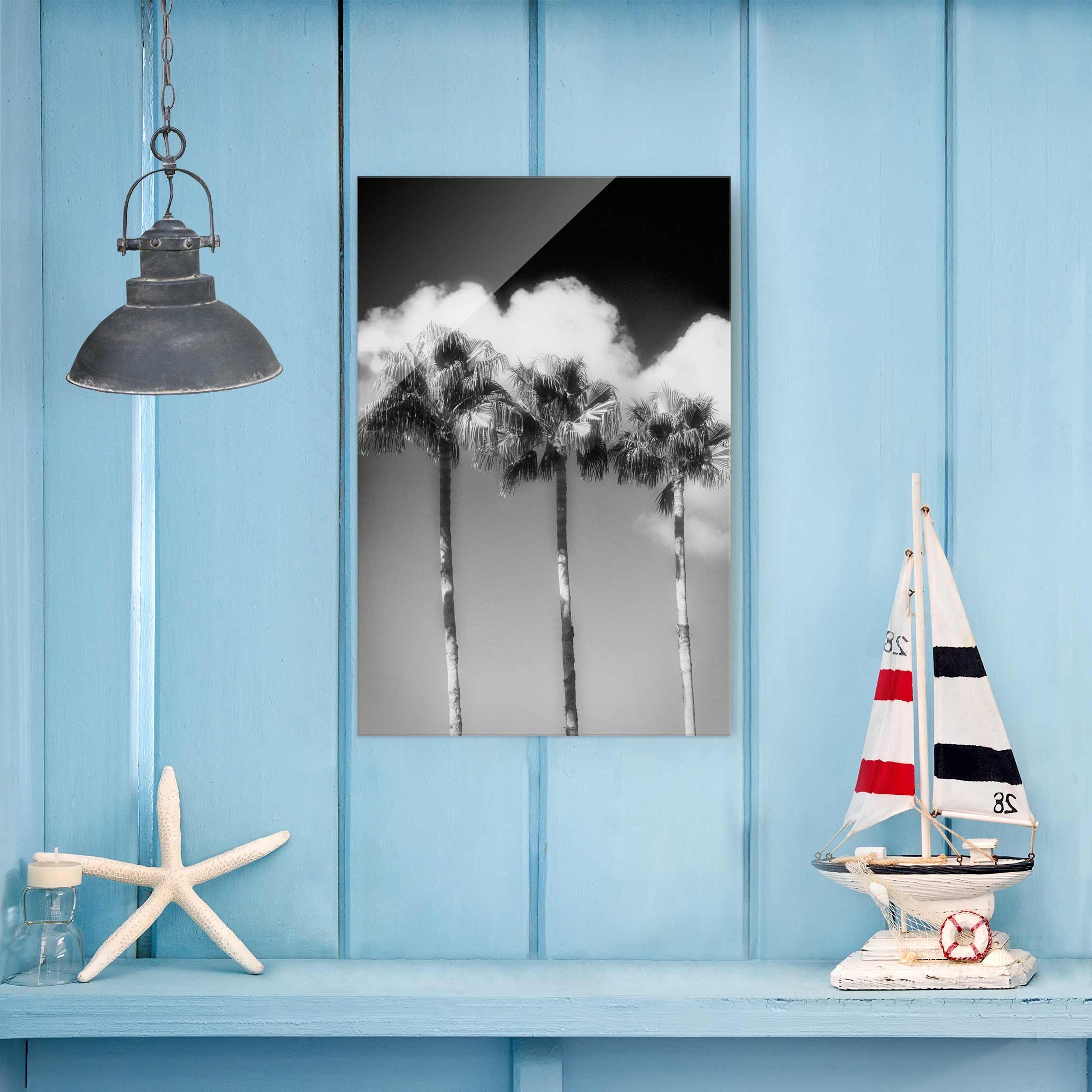 Glasbild Palmen vor Himmel Schwarz-Weiß